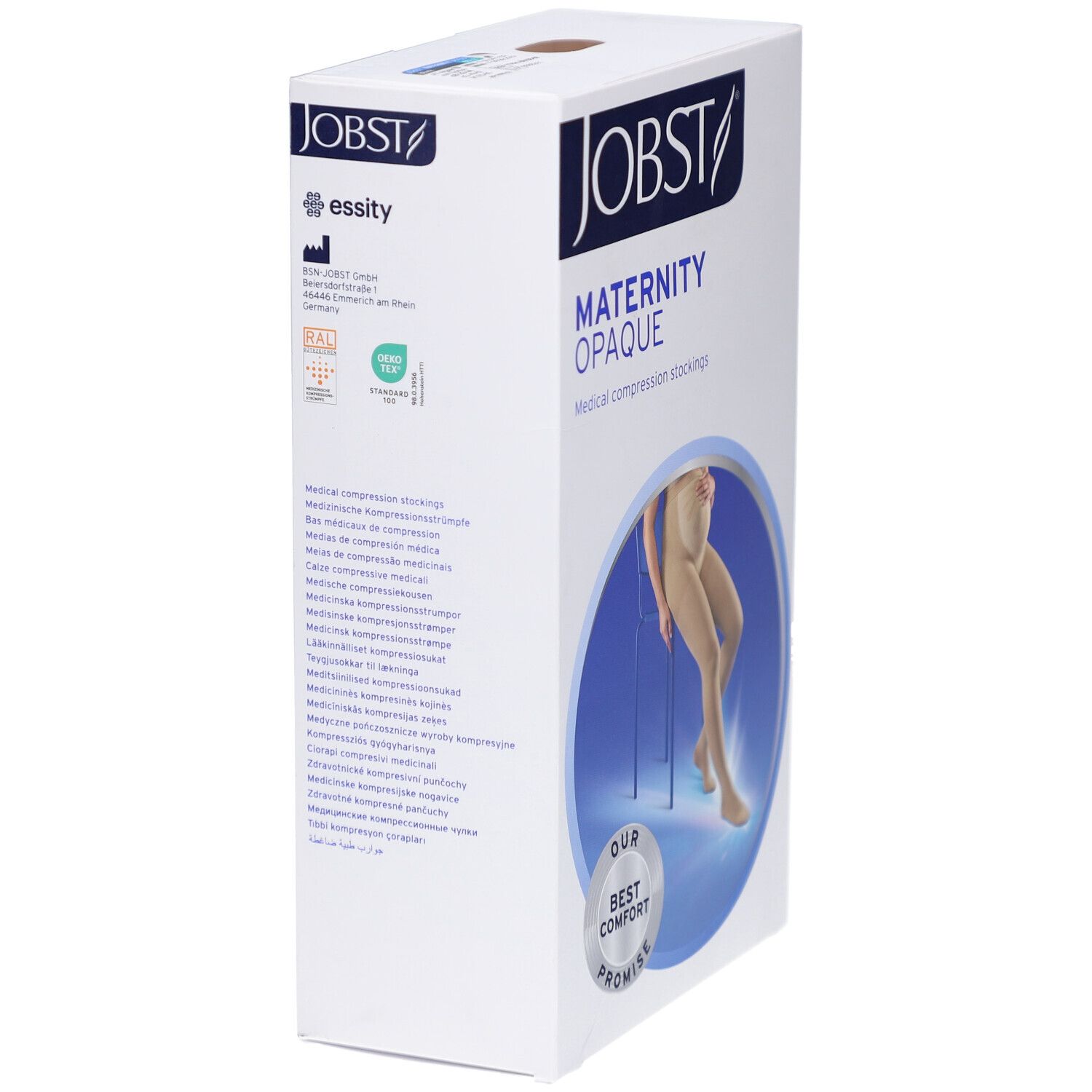 Boîte de collants de compression JOBST Maternity Opaque. Boîte blanche avec nom du produit et illustration d'une femme portant des bas.