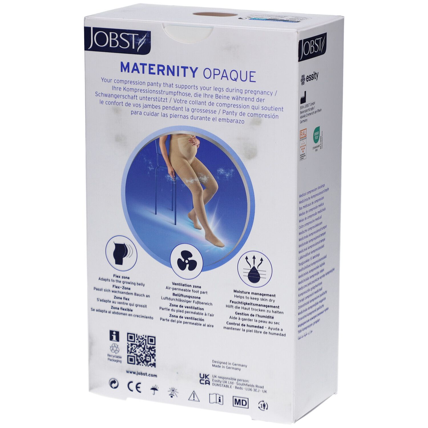 Dos de l'emballage JOBST Maternity Opaque. Contient des informations sur le produit, des illustrations et des logos. Boîte blanche.