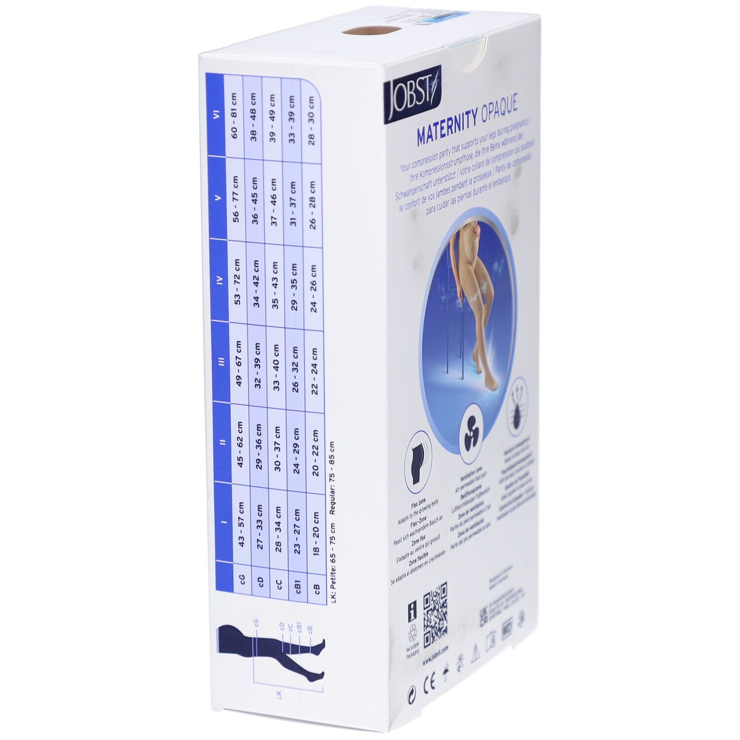 Côté de l'emballage JOBST Maternity Opaque. Contient un tableau des tailles et des informations sur le produit. Boîte blanche.