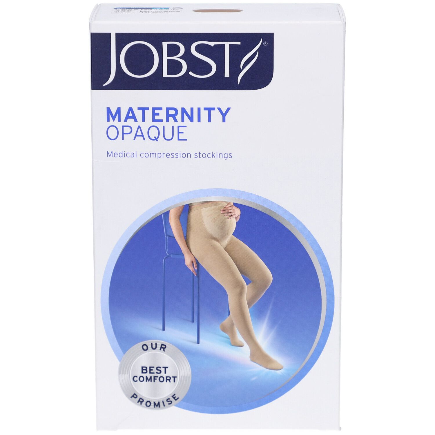 Emballage de collants de compression JOBST Maternity Opaque. Nom du produit et illustration d'une femme portant des bas. Boîte blanche.