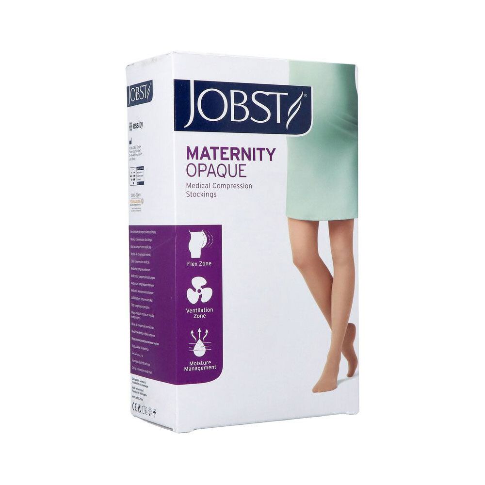 Verpakking JOBST Maternity Opaque steunkousen met productafbeelding en kenmerken.