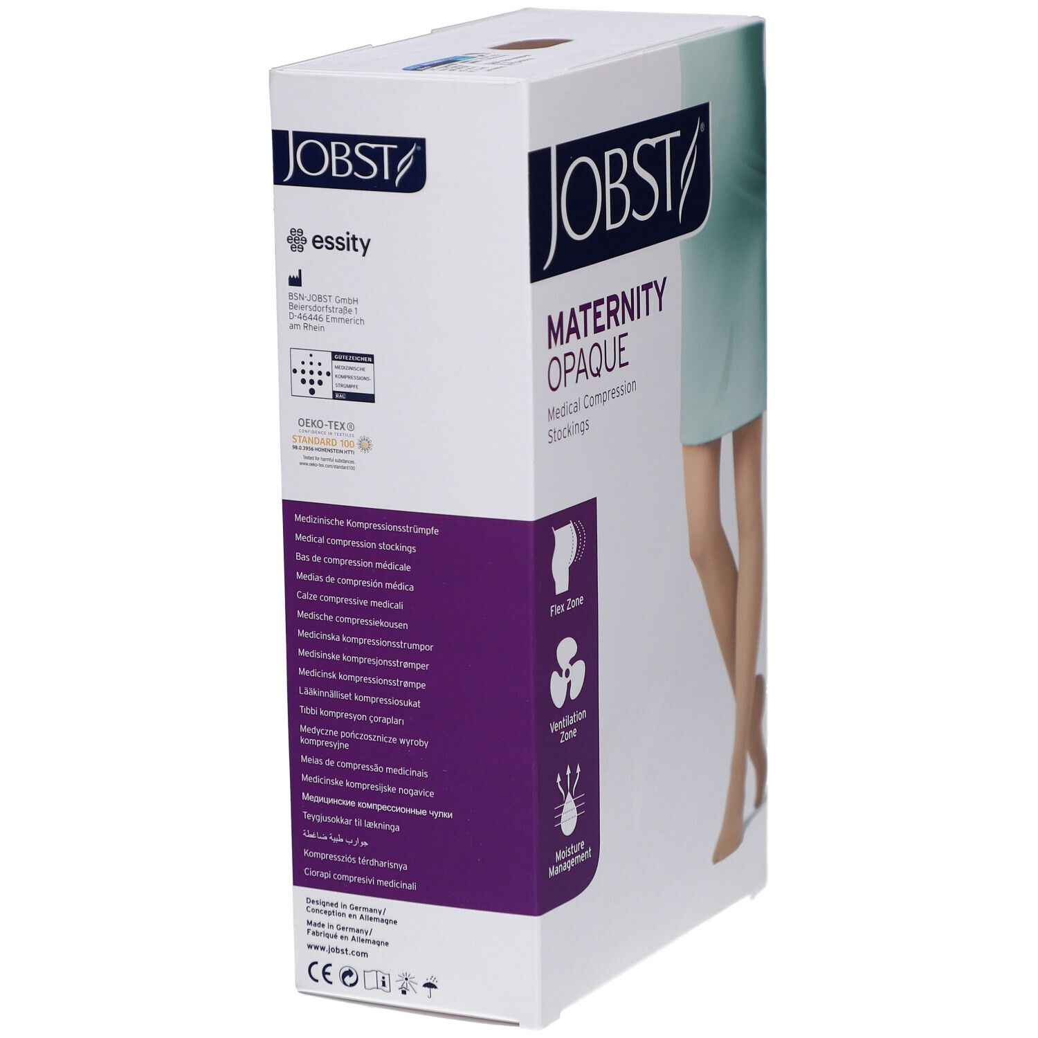 Emballage du collant de compression JOBST Maternity Opaque. Texte en allemand. Certification. Zone Flex, Zone de ventilation, Gestion de l'humidité.