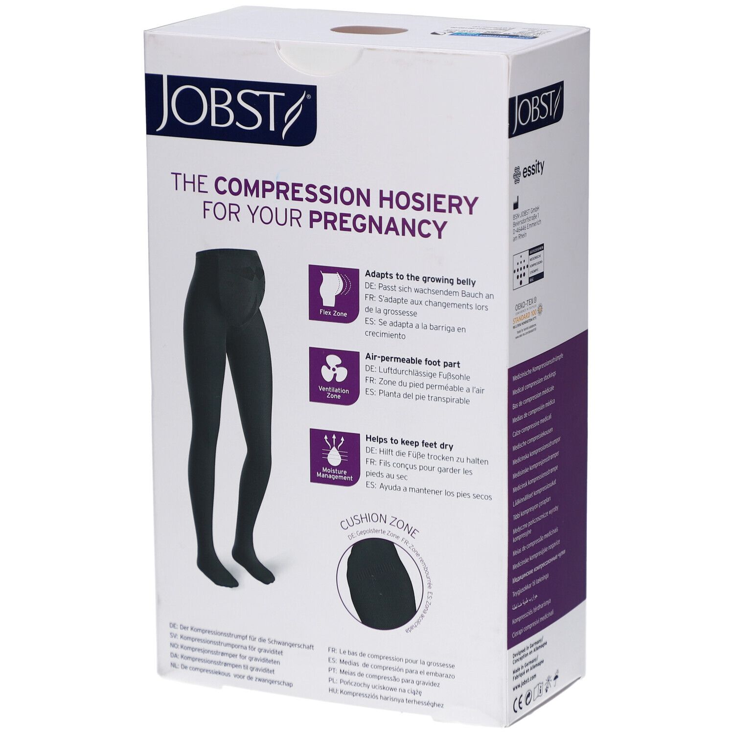 Emballage du collant de compression JOBST Maternity. Collant noir illustré. Zone Flex, Zone de ventilation, Gestion de l'humidité.