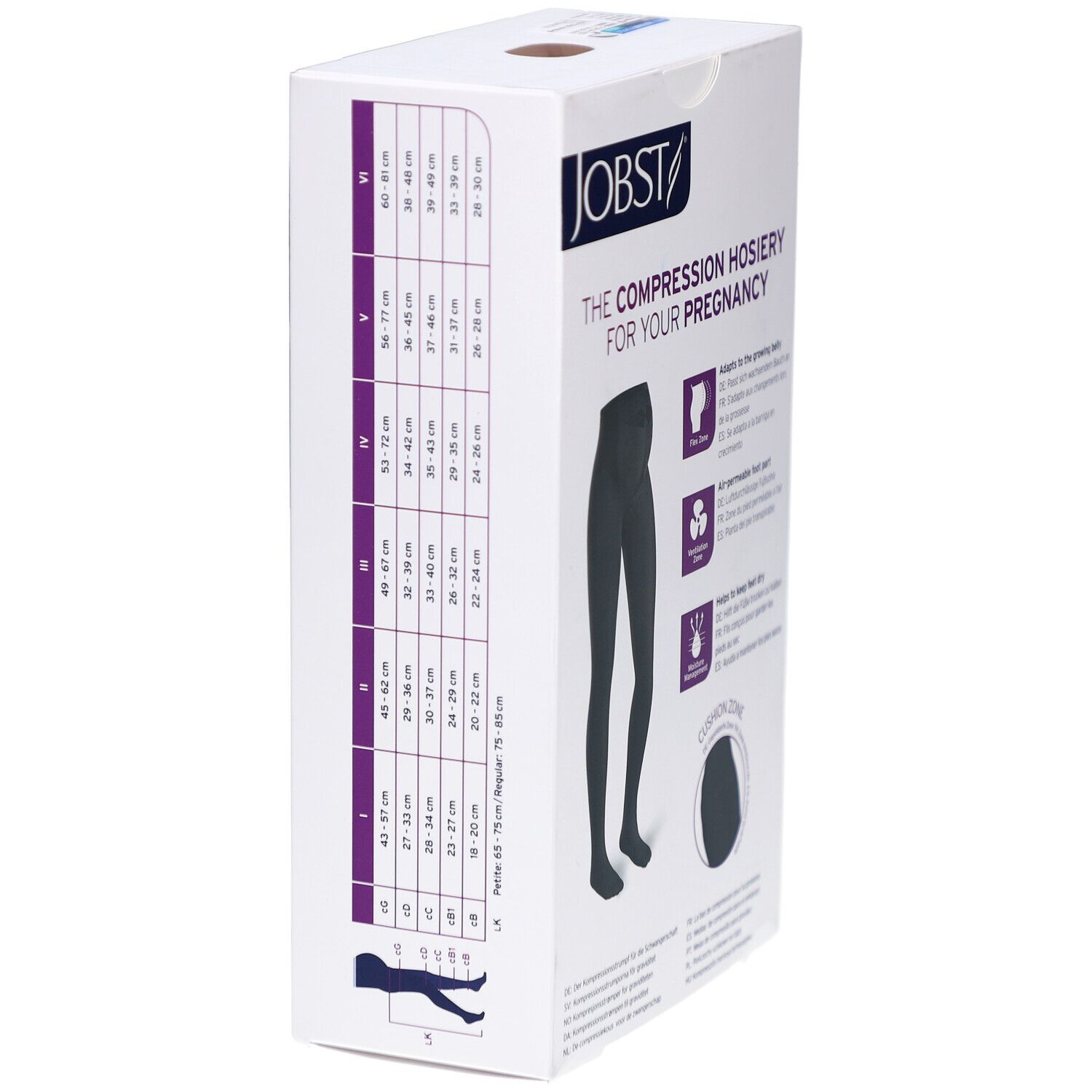 Emballage du collant de compression JOBST Maternity. Tableau des tailles. Collant noir illustré. Zone Flex, Zone de ventilation, Gestion de l'humidité.