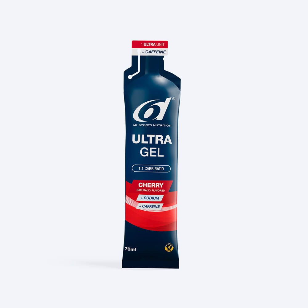 Enkele verpakking 6D Ultra Gel. Blauwe verpakking met productnaam, kersensmaak en cafeïne. 70ml.