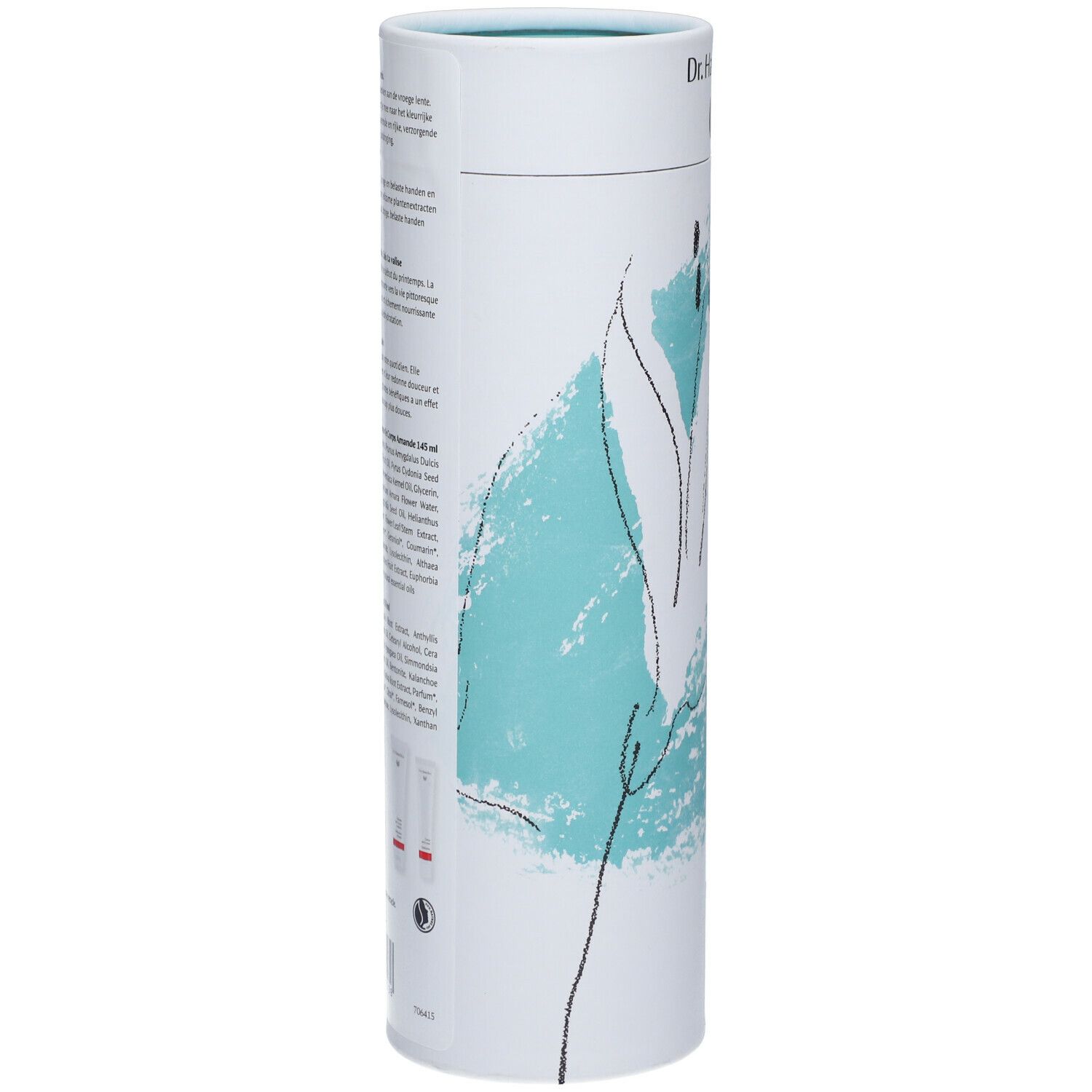 Vue latérale de l'emballage cylindrique. Motif floral et informations sur le produit. En haut : logo Dr. Hauschka. Texte en plusieurs langues.