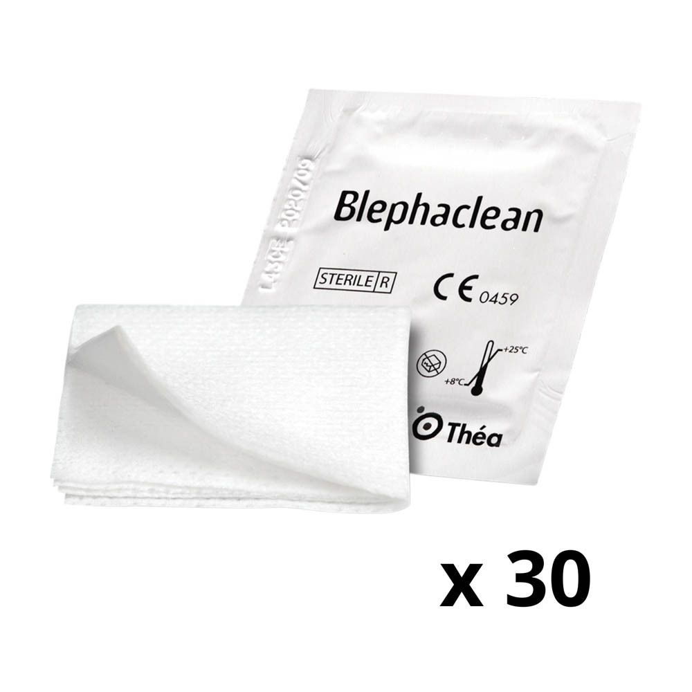 Blephaclean®-doekjes. Witte doekjes, gevouwen. Verpakking met naam, CE-markering en aantal: 30.