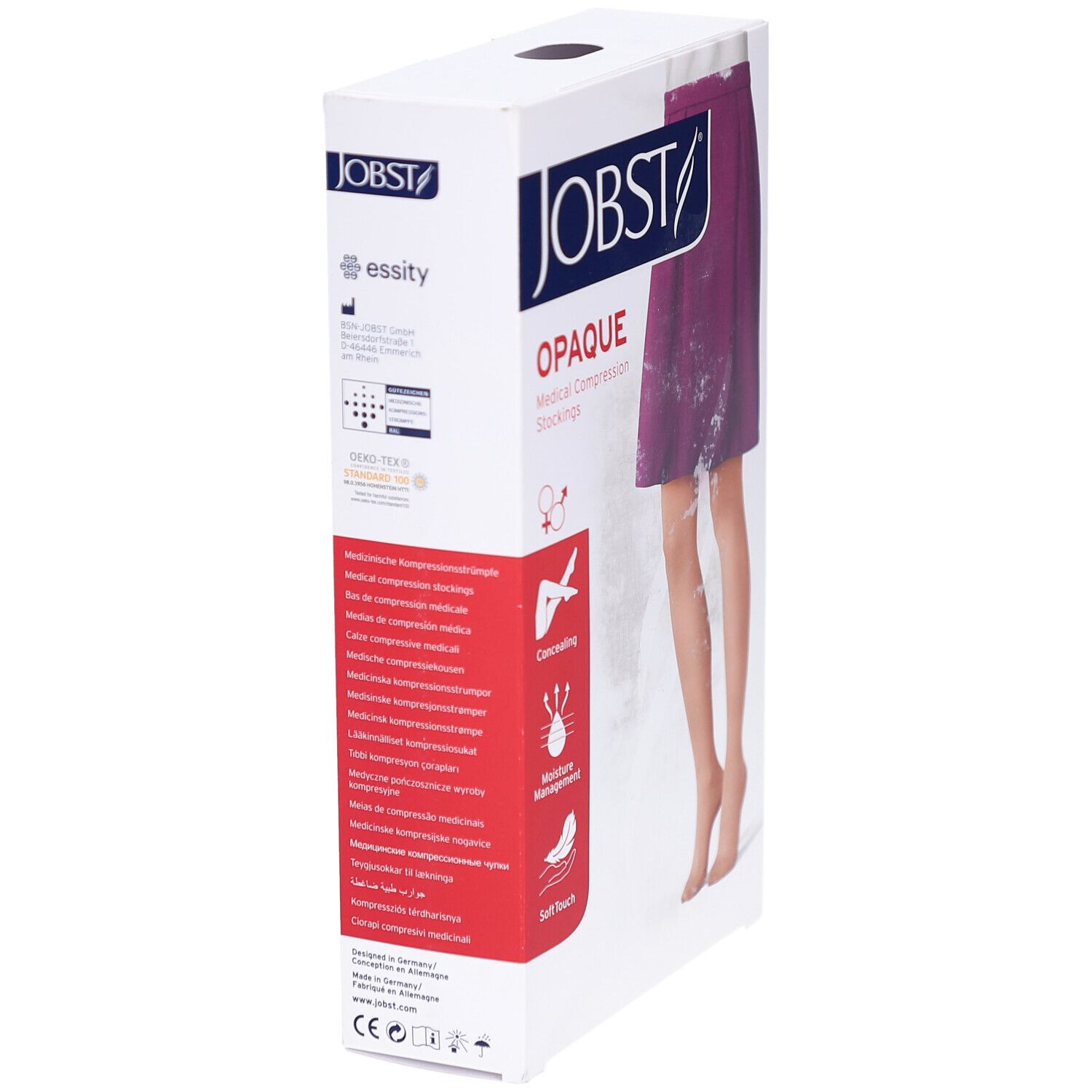 Verpakking van JOBST Opaque compressiekousen. Zijaanzicht. Opschriften: merk, productnaam, eigenschappen, medische informatie, CE-markering.