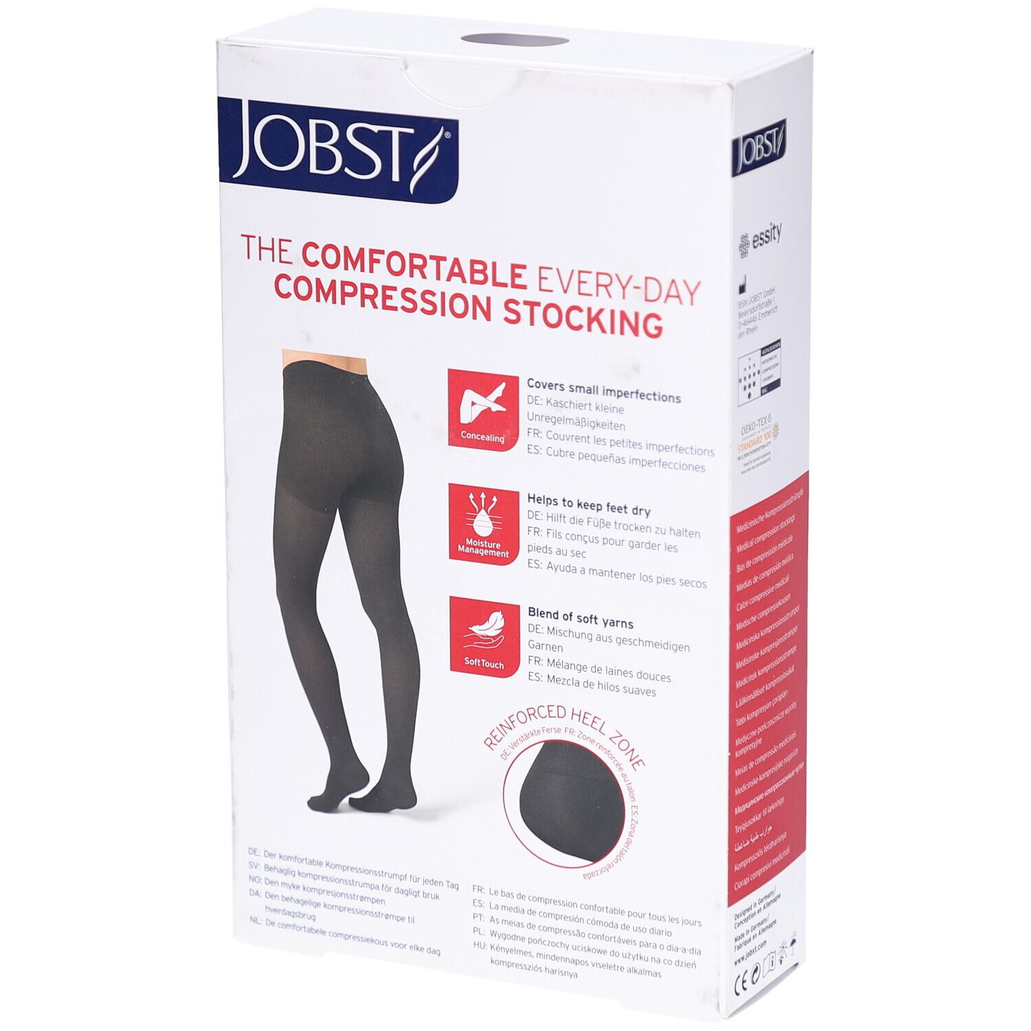Verpakking van JOBST Opaque compressiekousen. Afbeelding van zwarte panty. Opschriften: merk, productnaam, eigenschappen, versterkte hiel.