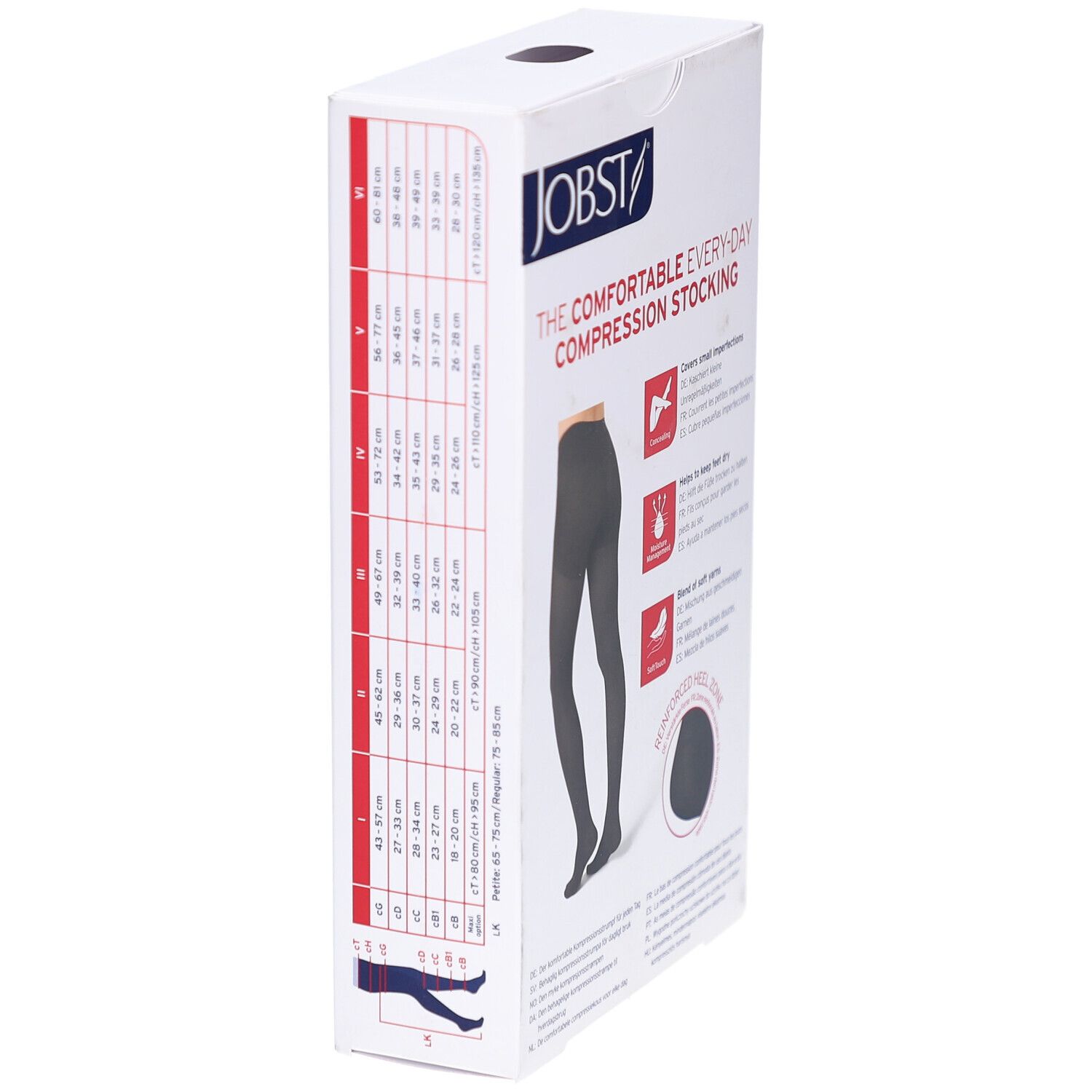 Verpakking van JOBST Opaque compressiekousen. Zijaanzicht. Maattabel. Afbeelding van zwarte panty. Opschriften: merk, productnaam.