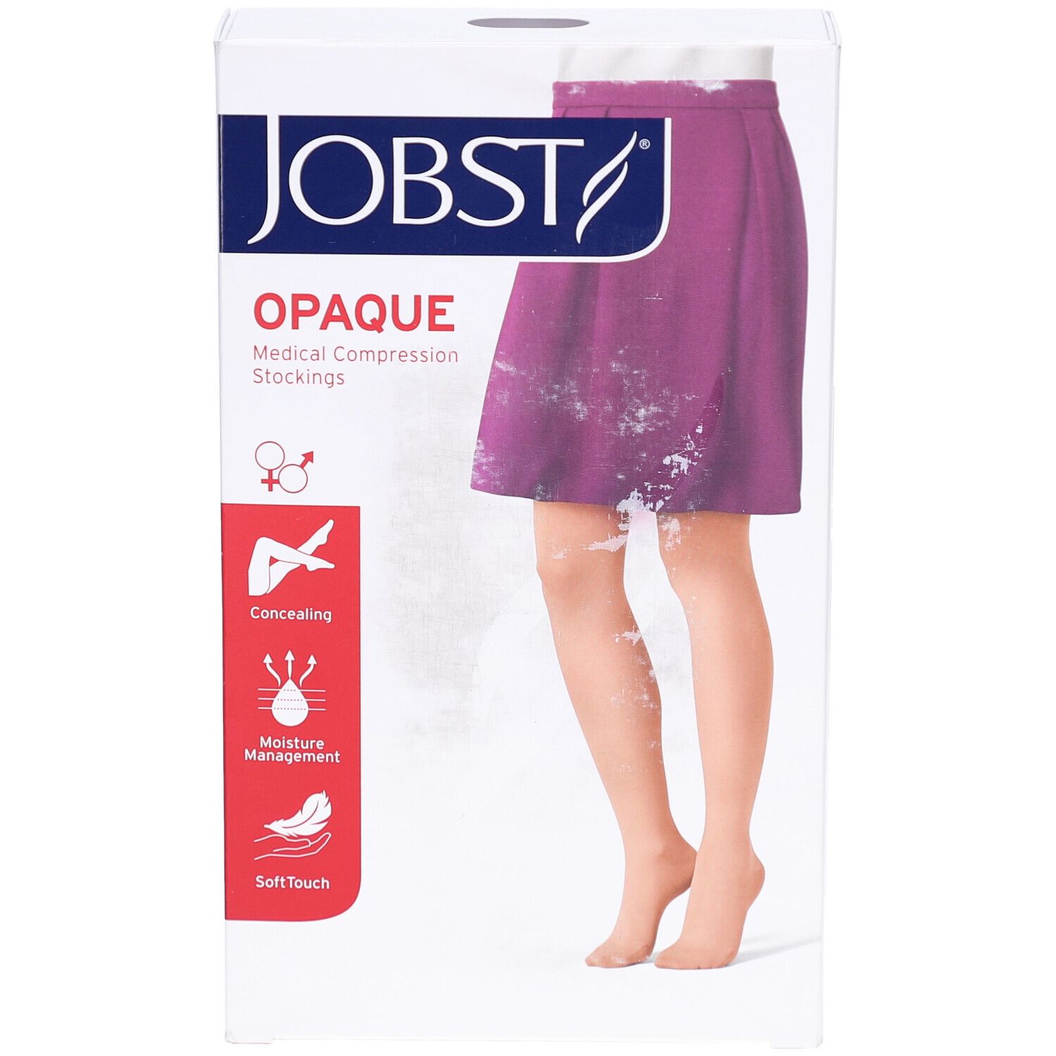 Verpakking van JOBST Opaque compressiekousen. Afbeelding van been met huidkleurige kous. Opschriften: merk, productnaam, eigenschappen.