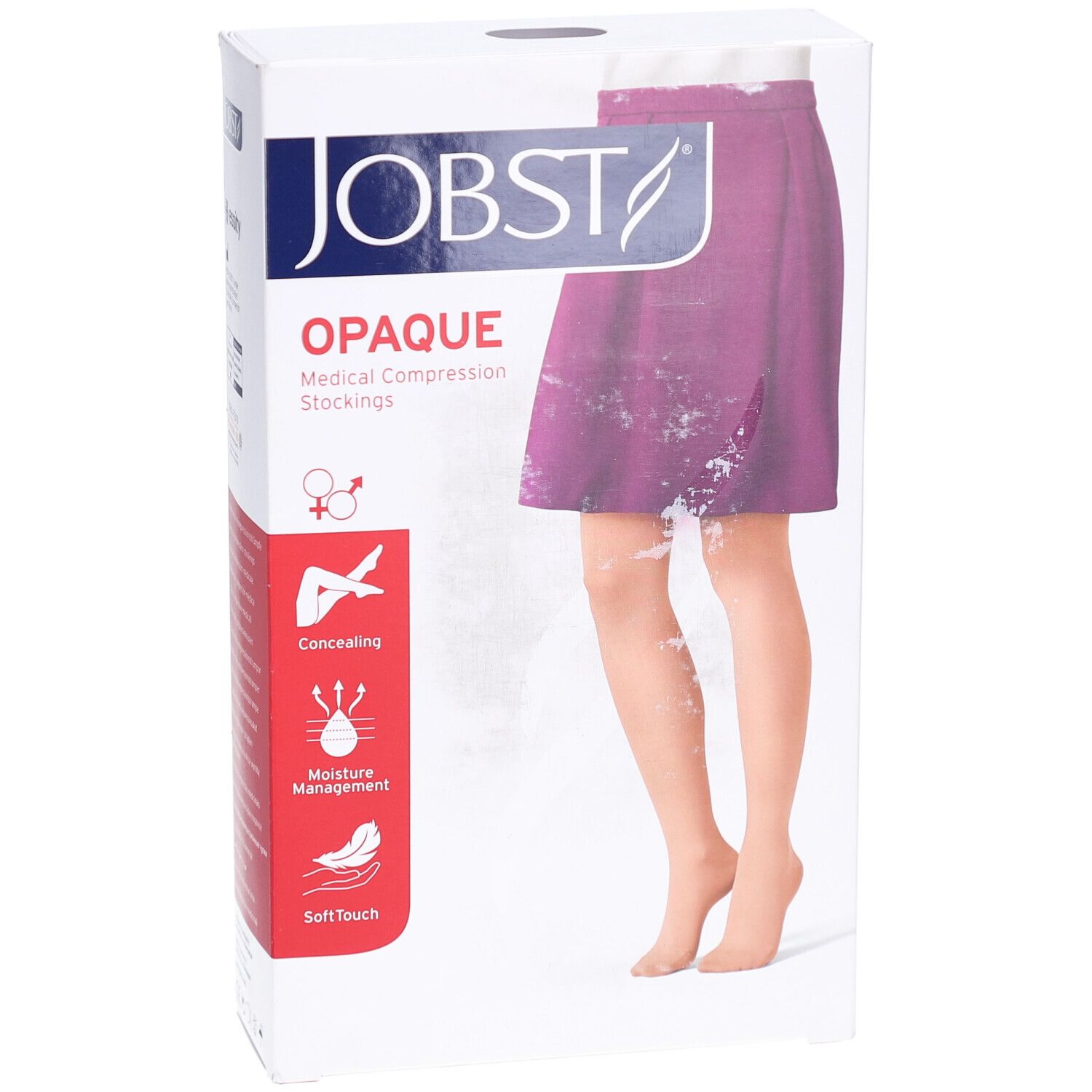Emballage de collant de compression JOBST Opaque avec image d'une femme en collant clair et texte sur les caractéristiques.