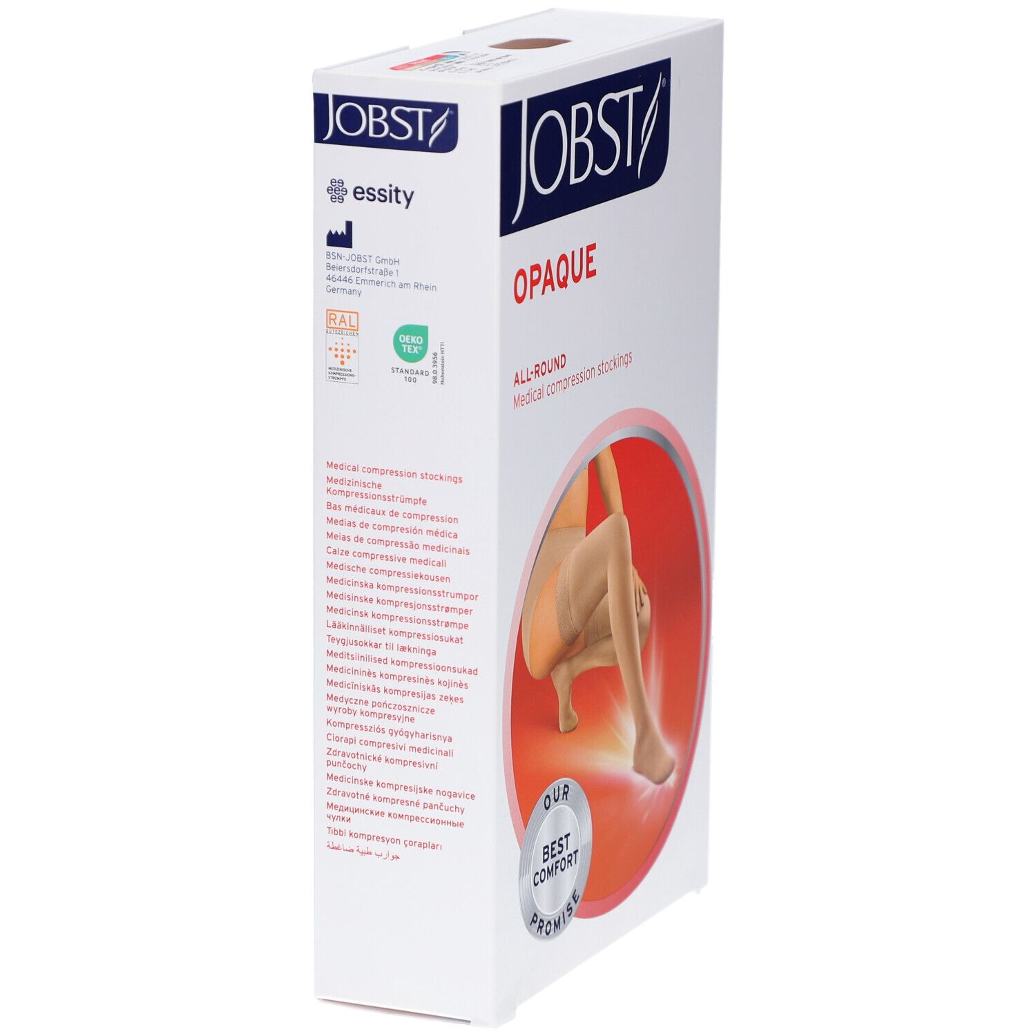 Verpakking JOBST Opaque compressiekousen. Zijaanzicht. Tekst: OPAQUE, ALL-ROUND, essity, RAL-keurmerk. Afbeelding: been met kous, kleur naturel.