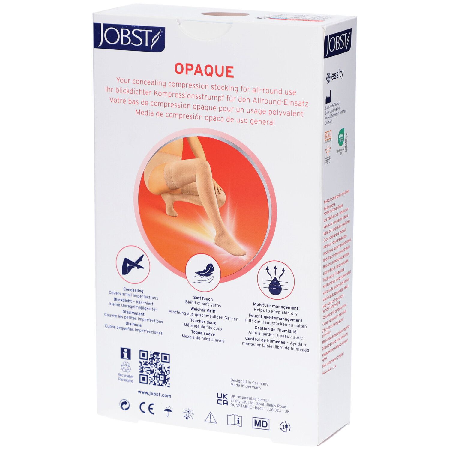 Verpakking JOBST Opaque compressiekousen. Achterkant. Tekst: OPAQUE, ALL-ROUND. Afbeelding: been met kous, kleur naturel. Symbolen: Concealing, Soft Touch, Moisture Management.