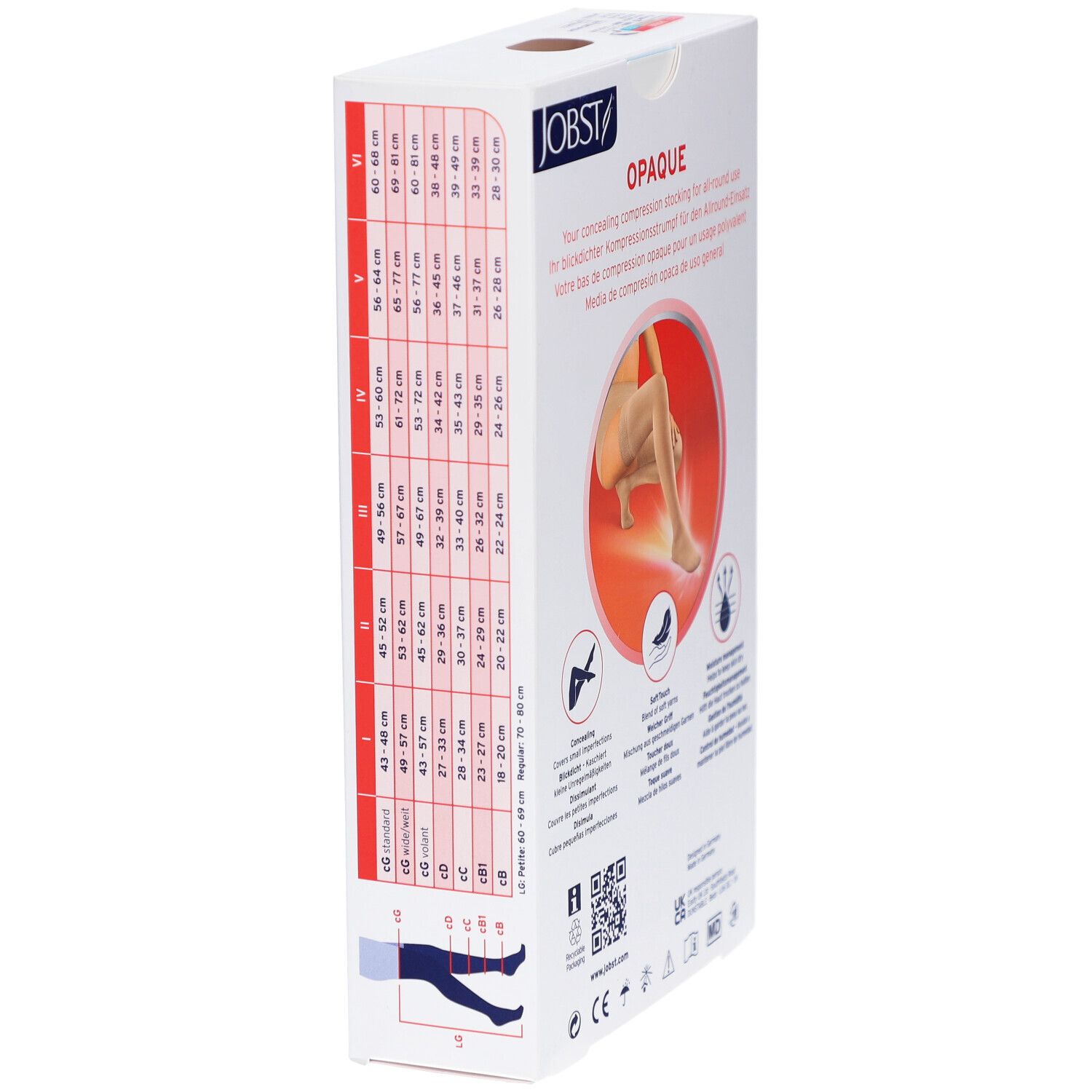 Verpakking JOBST Opaque compressiekousen. Zijaanzicht met maattabel. Tekst: OPAQUE, ALL-ROUND. Afbeelding: been met kous, kleur naturel.