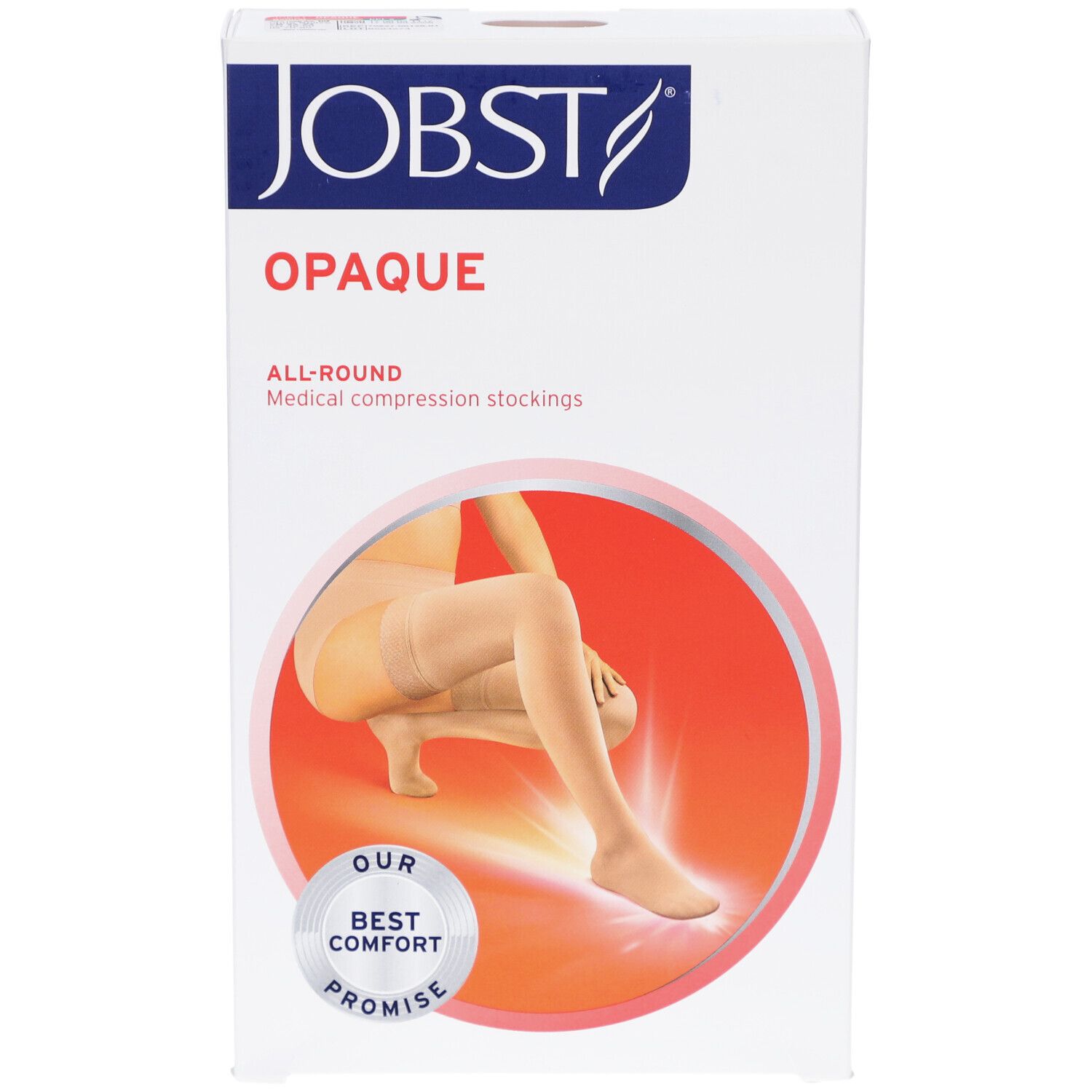 Verpakking JOBST Opaque compressiekousen. Afbeelding: been met kous, kleur naturel. Tekst: OPAQUE, ALL-ROUND, BEST COMFORT PROMISE.