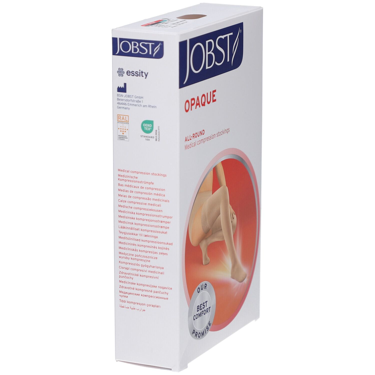 Emballage JOBST Opaque. Inscription: Opaque, bas de compression médicaux. Vue latérale. Logo Essity.