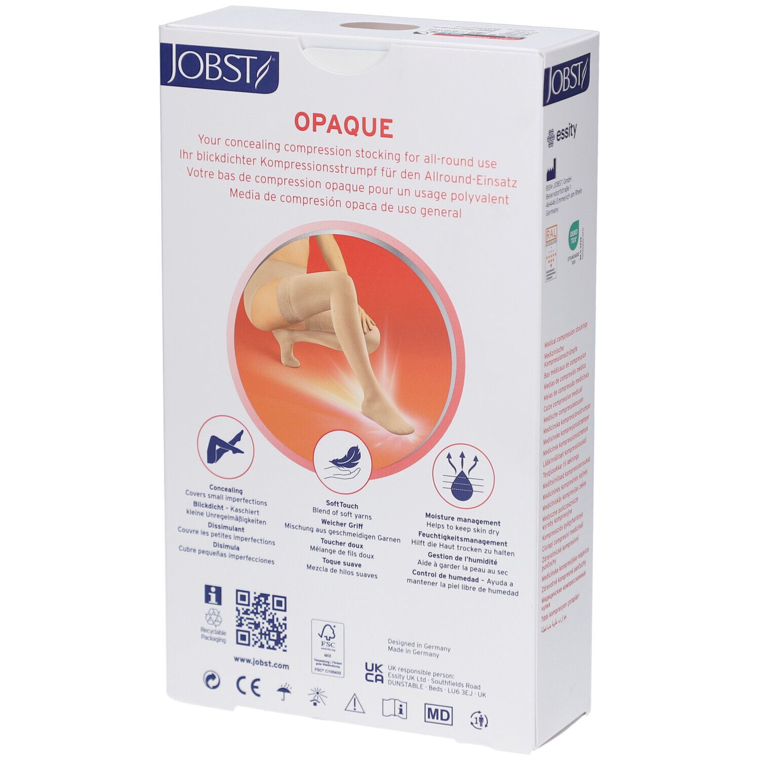 Dos de l'emballage JOBST Opaque. Inscription: Opaque, bas de compression médicaux. Images: caractéristiques, code QR, certifications.
