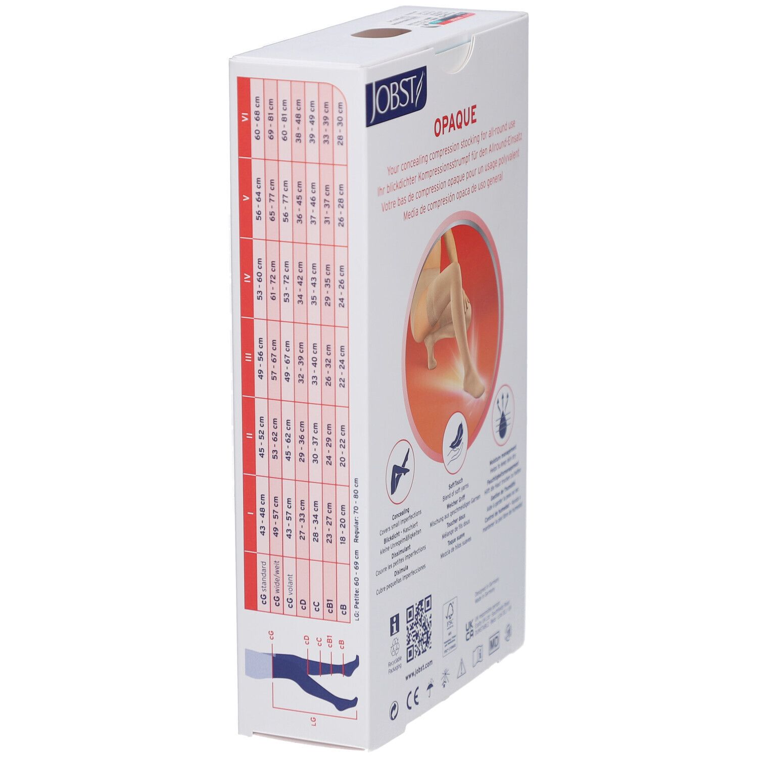 Emballage JOBST Opaque. Inscription: Opaque, bas de compression médicaux. Indications de taille. Images: jambe avec bas.