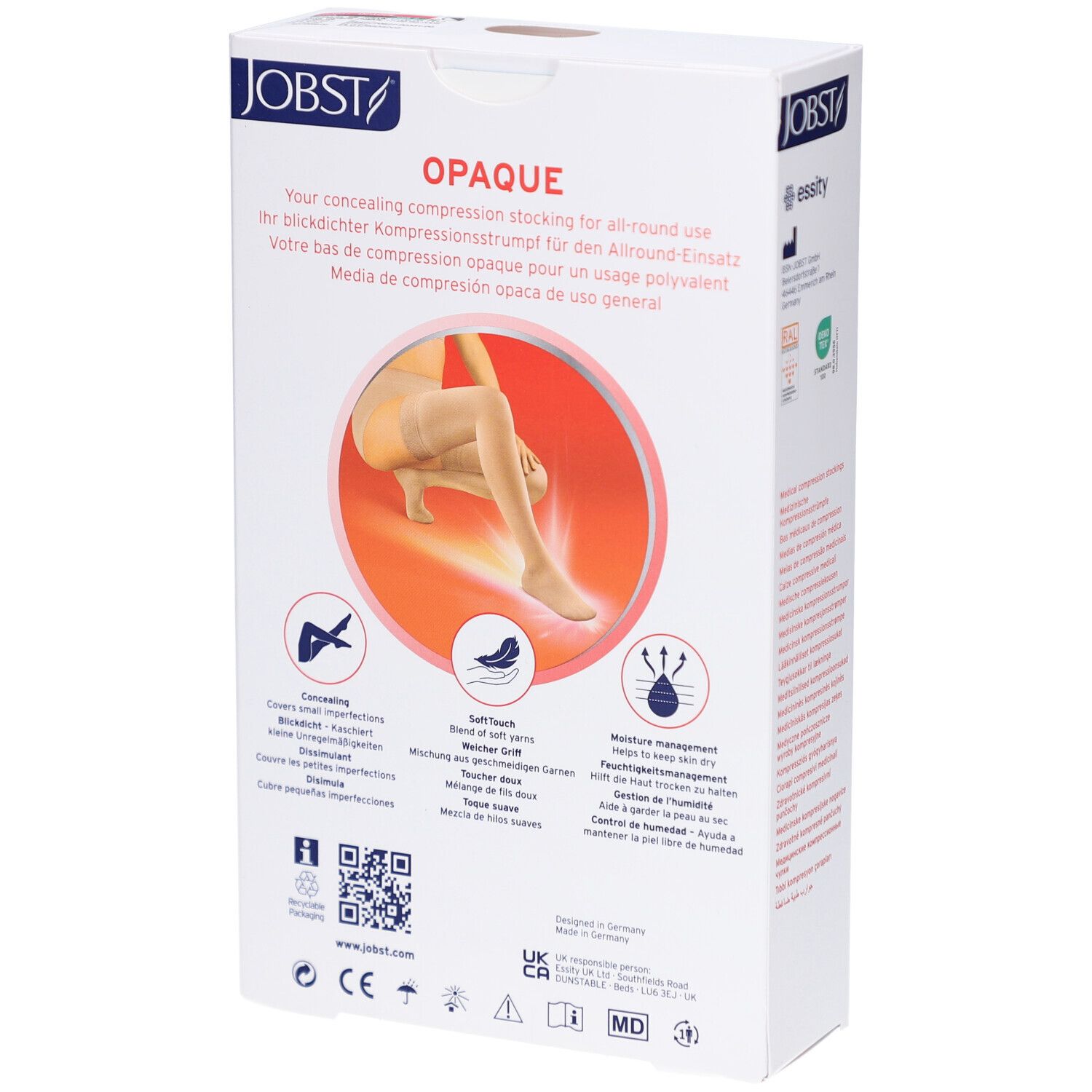 Dos de l'emballage JOBST Opaque. Image du produit. Icônes des caractéristiques. Texte multilingue.
