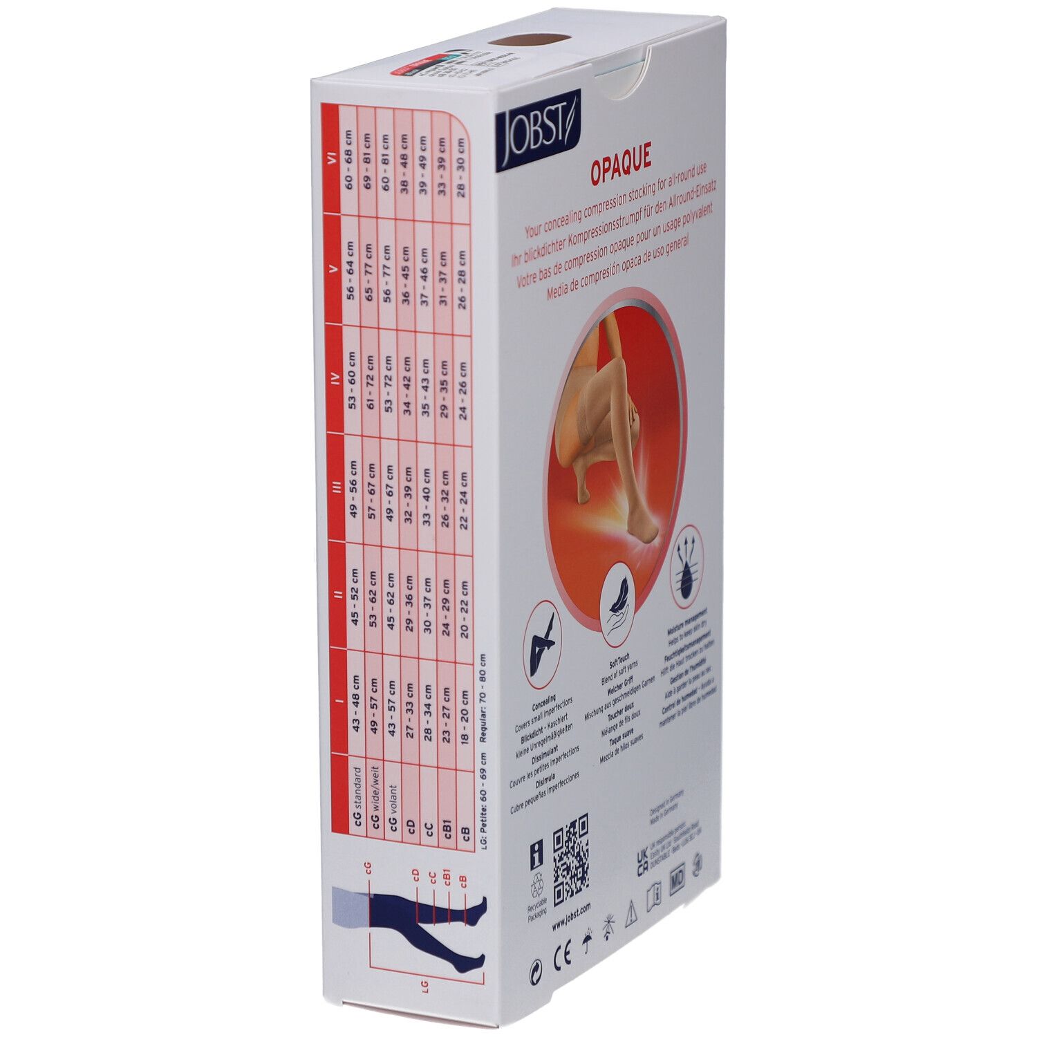 Côté de l'emballage JOBST Opaque. Tableau des tailles. Image du produit. Texte multilingue.