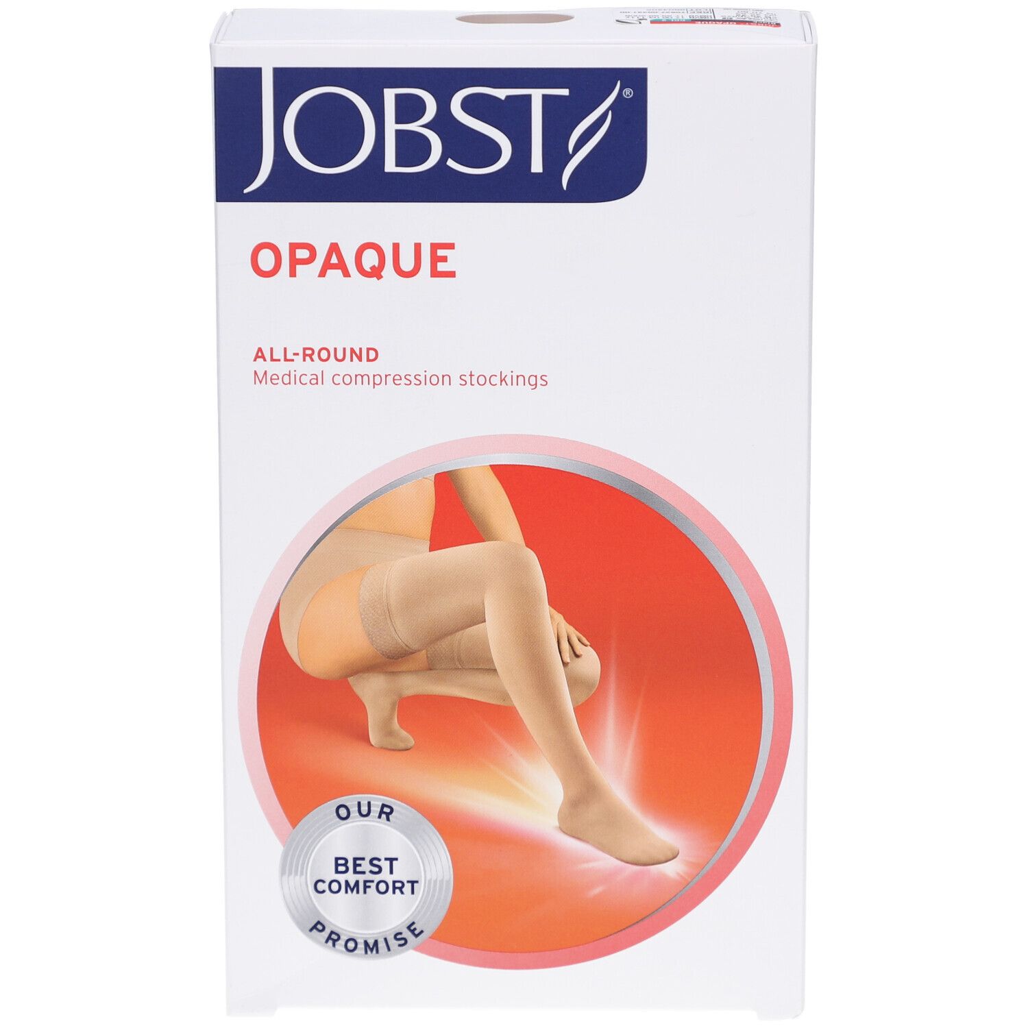 Emballage de JOBST Opaque. Bas de compression beiges représentés. Inscription : Opaque, All-Round, Medical compression stockings.