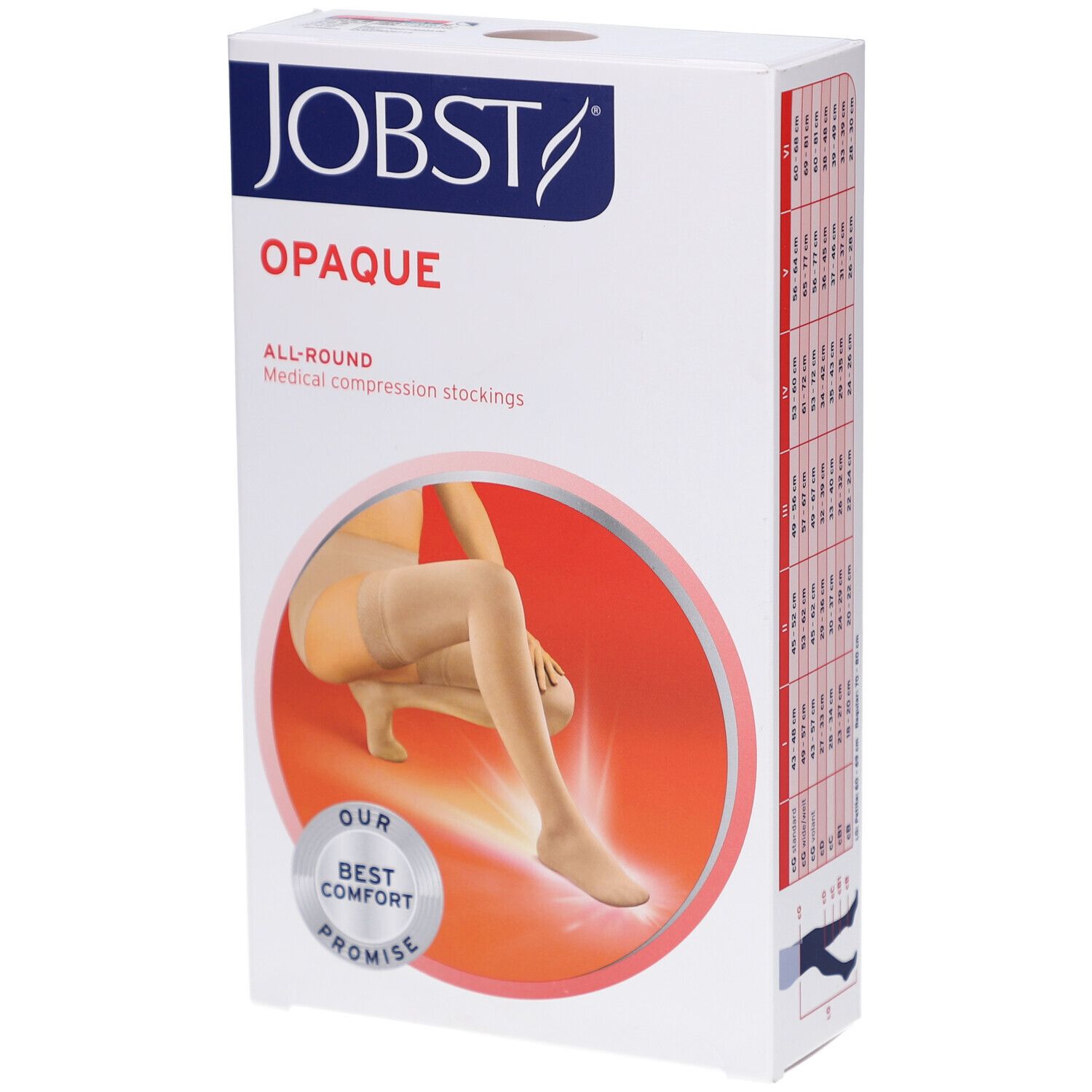 JOBST Opaque bas de compression. Emballage avec illustration du produit. Bas beiges, cercle rouge, texte.