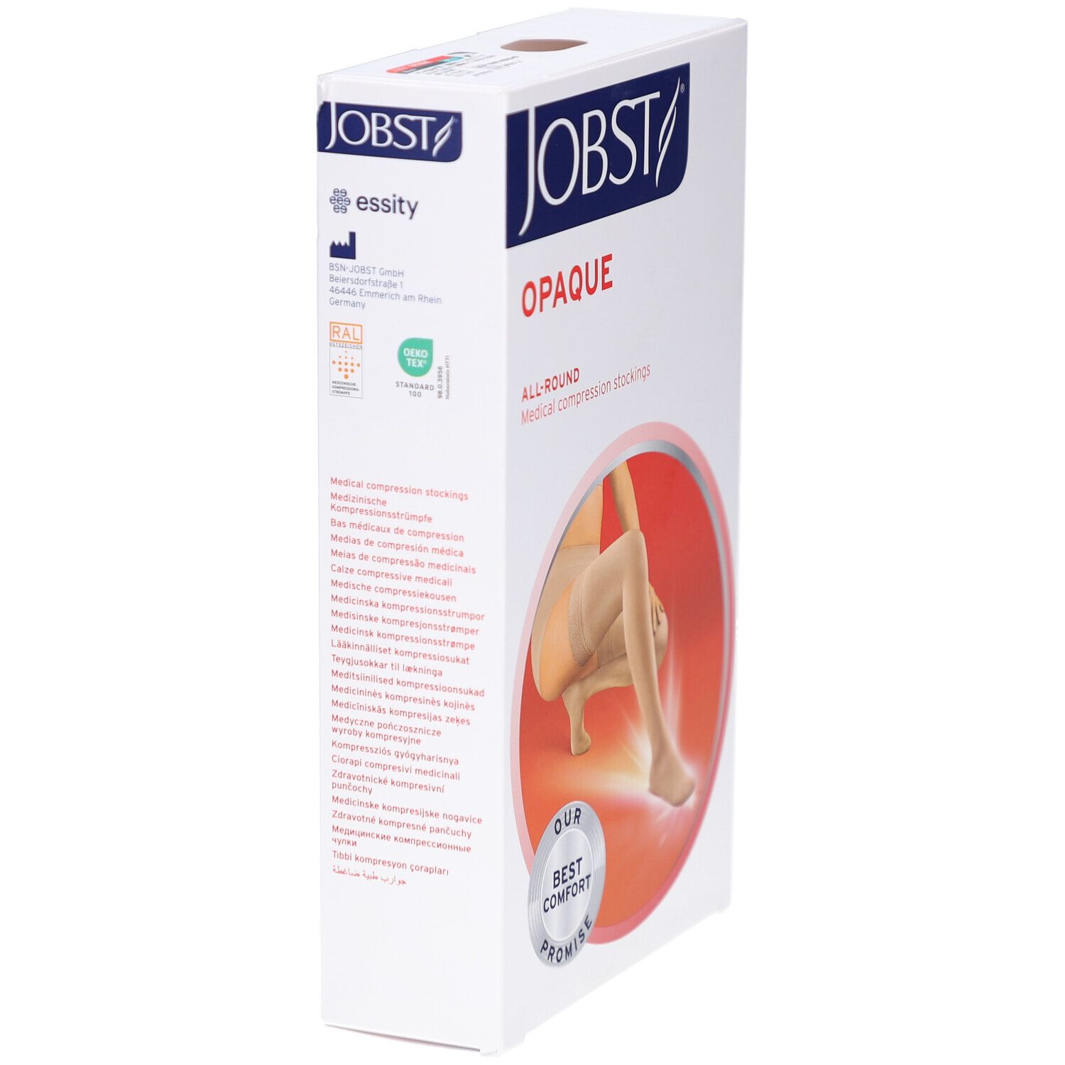 JOBST Opaque bas de compression. Emballage, vue latérale. Logo, texte, certifications, illustration du produit.