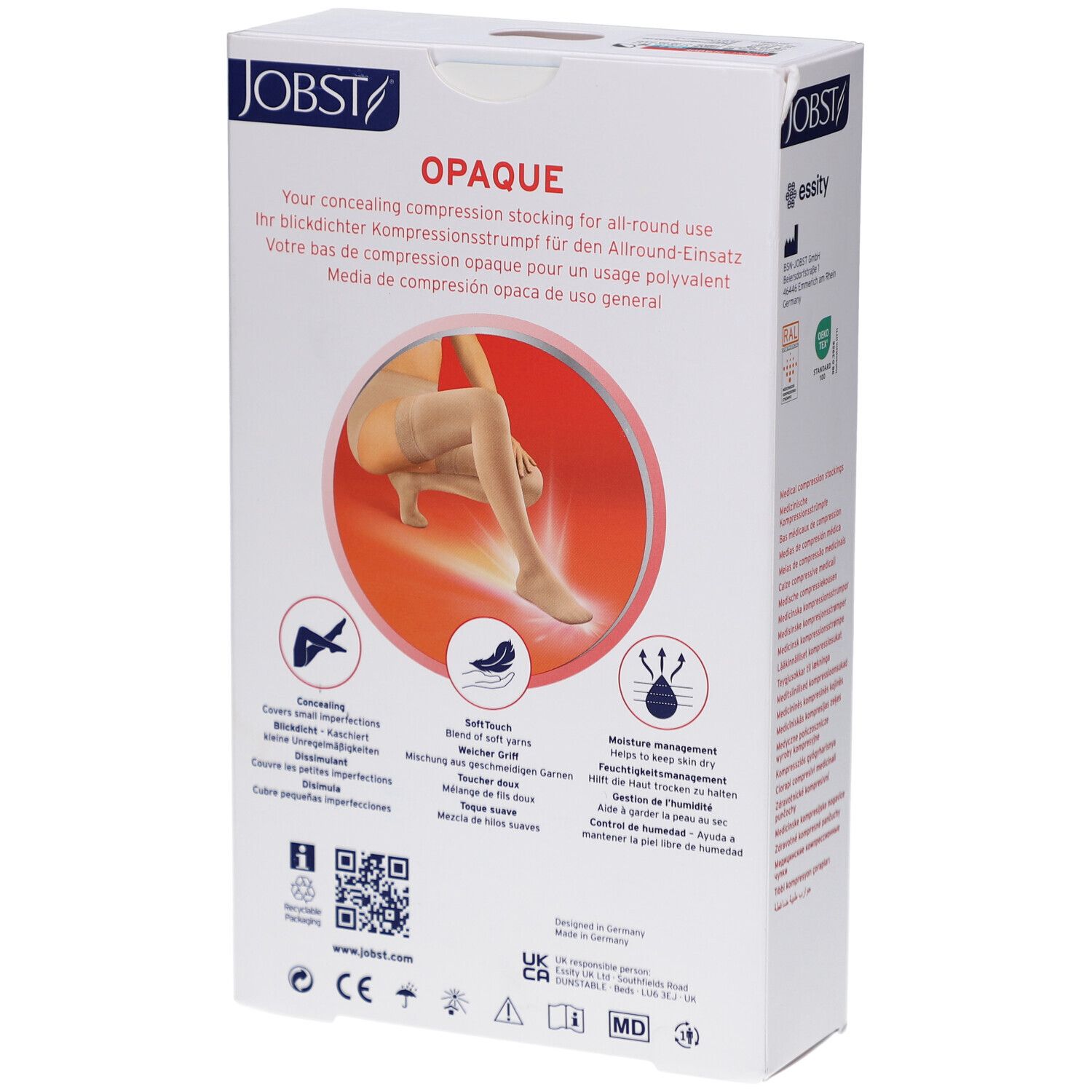 JOBST Opaque bas de compression. Emballage, dos. Caractéristiques du produit, certifications, code QR.
