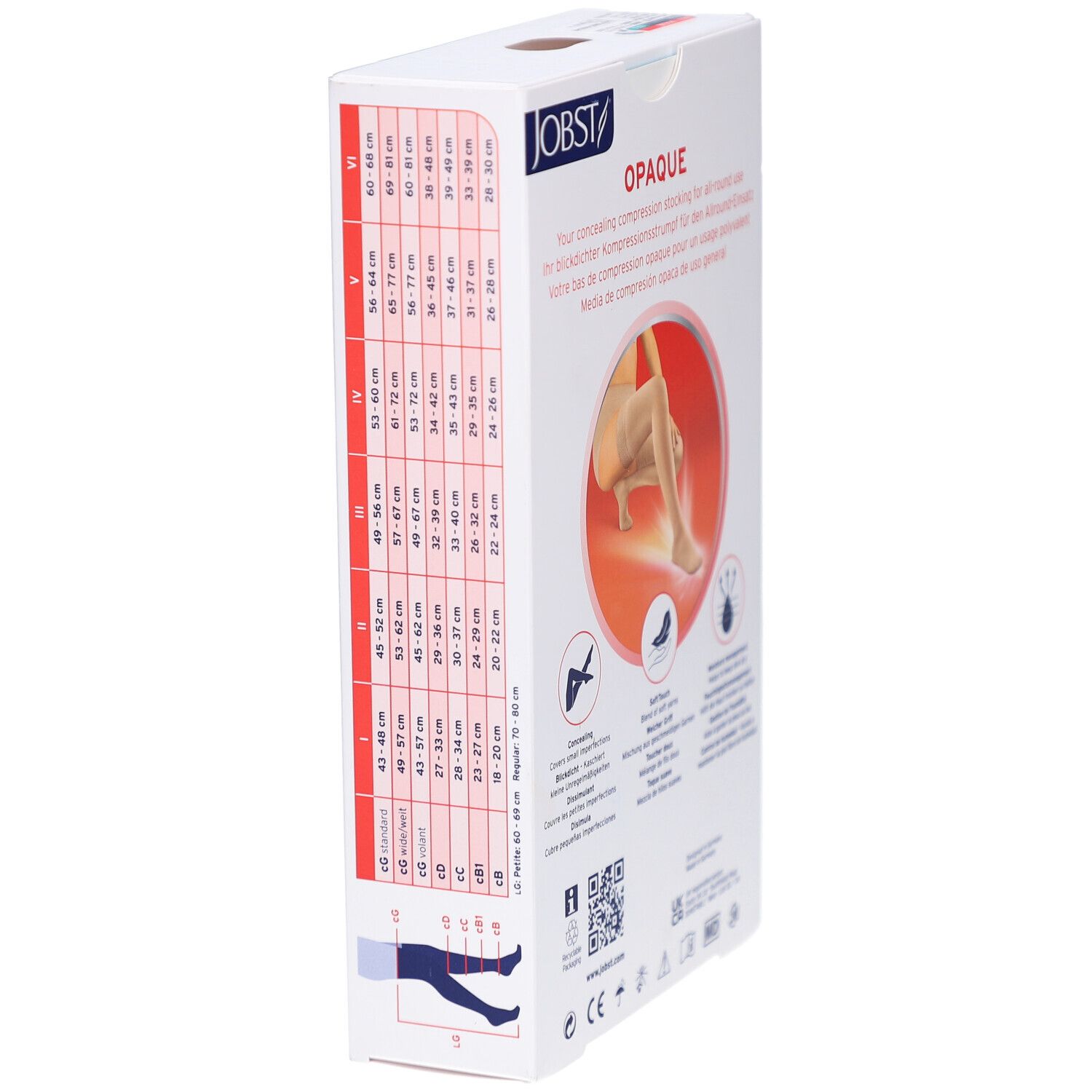JOBST Opaque bas de compression. Emballage, vue latérale avec tableau des tailles et illustration du produit.