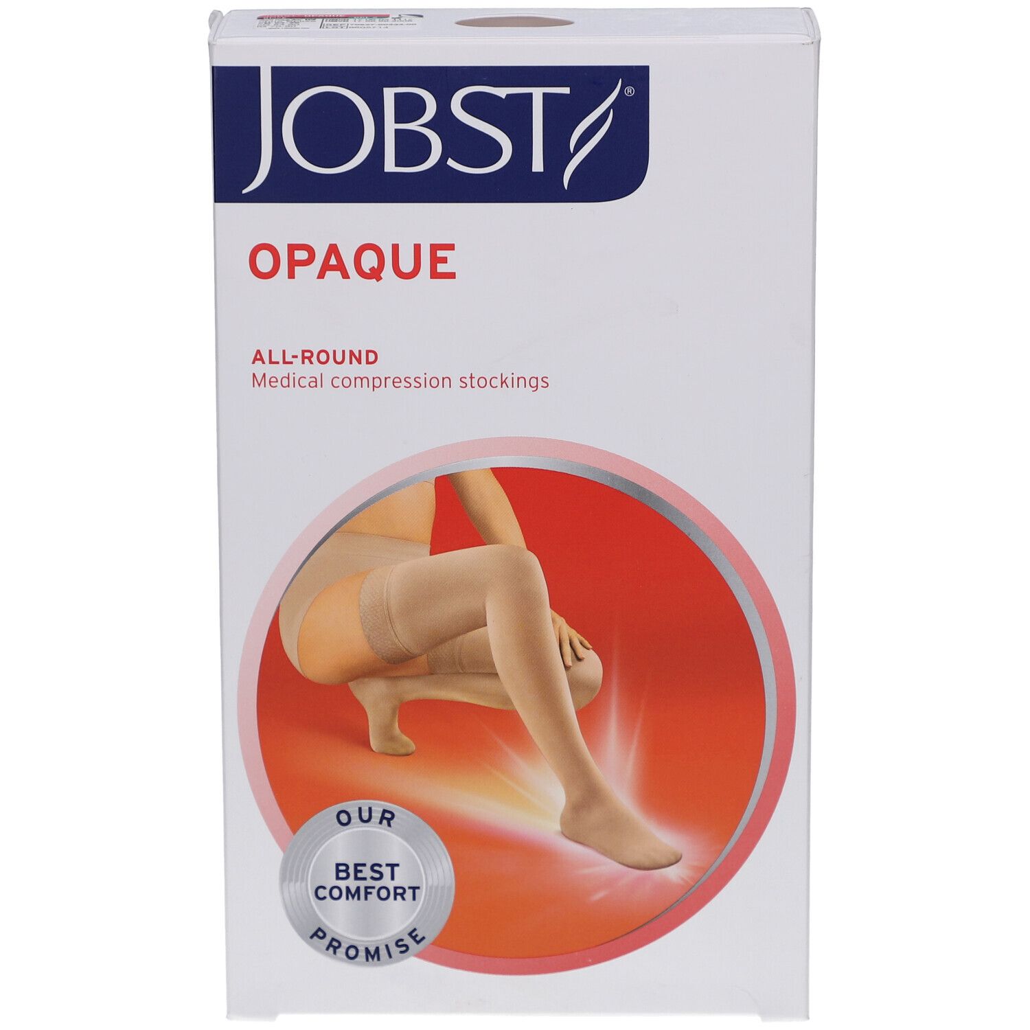 JOBST Opaque bas de compression. Emballage, vue de face. Illustration du produit, logo, texte.