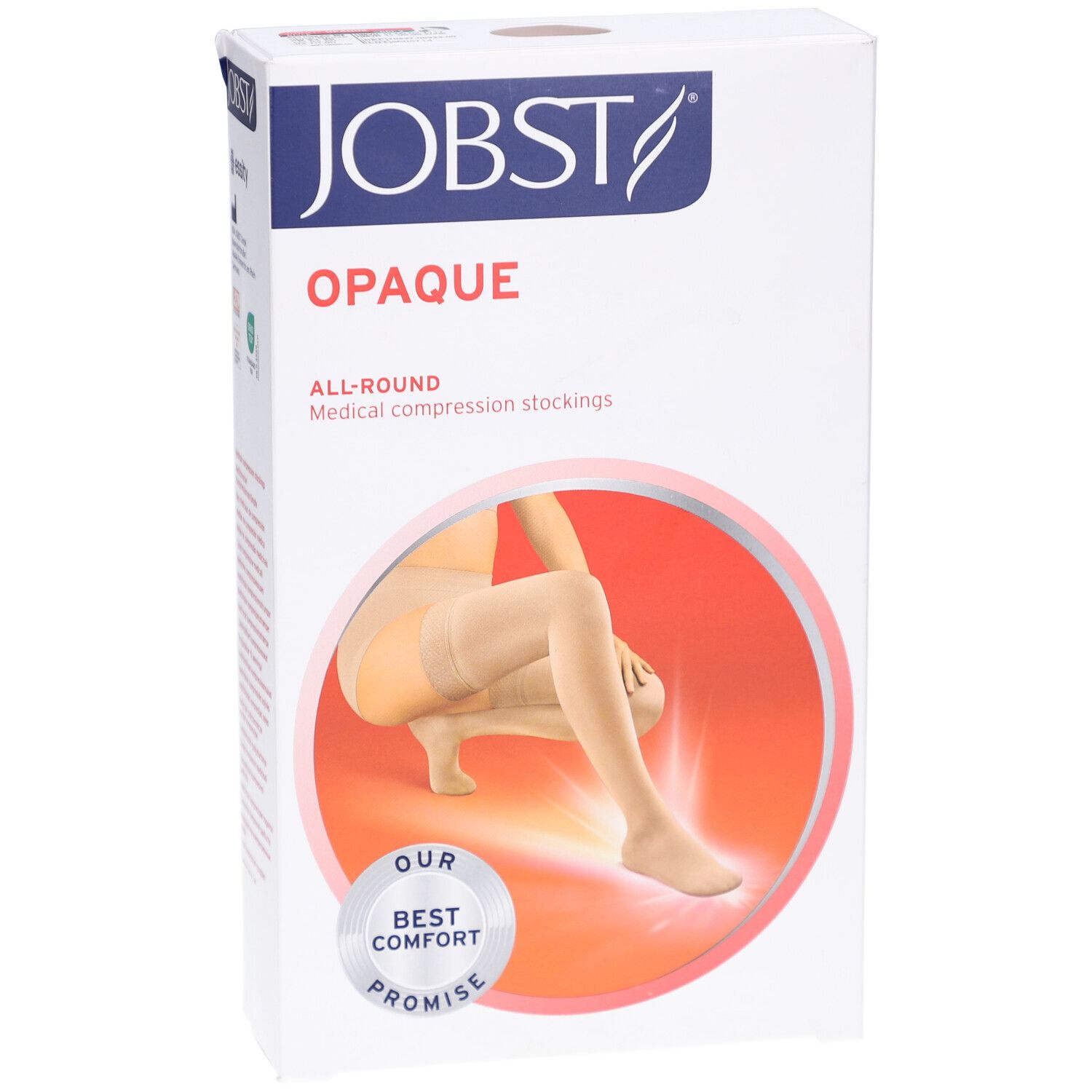 JOBST Opaque bas de compression. Emballage, vue de face. Illustration du produit, logo, texte.