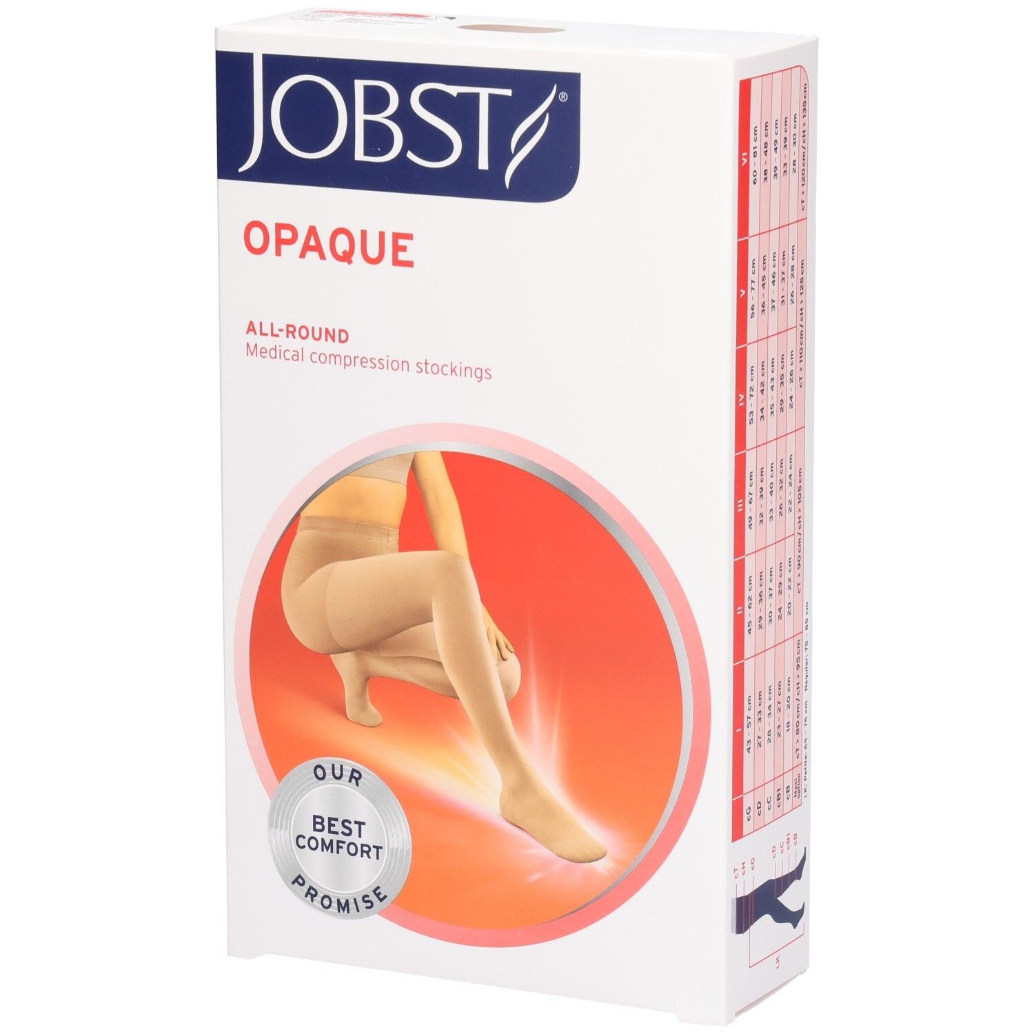JOBST Opaque compressiekousen. Verpakking met productafbeelding. Opschrift Opaque en logo. Beige kousen.