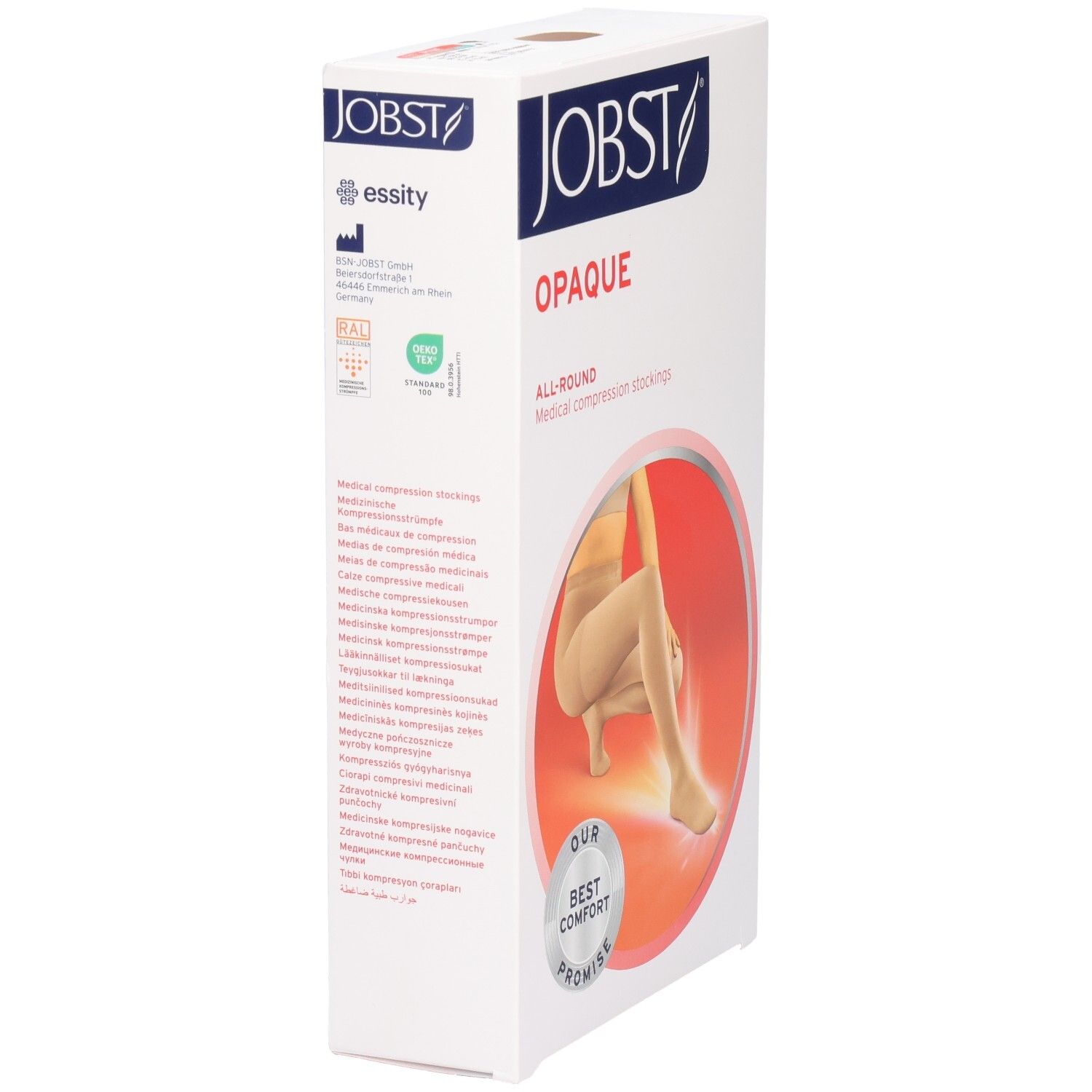 JOBST Opaque compressiekousen. Verpakking met productafbeelding. Opschrift Opaque en logo. Beige kousen.