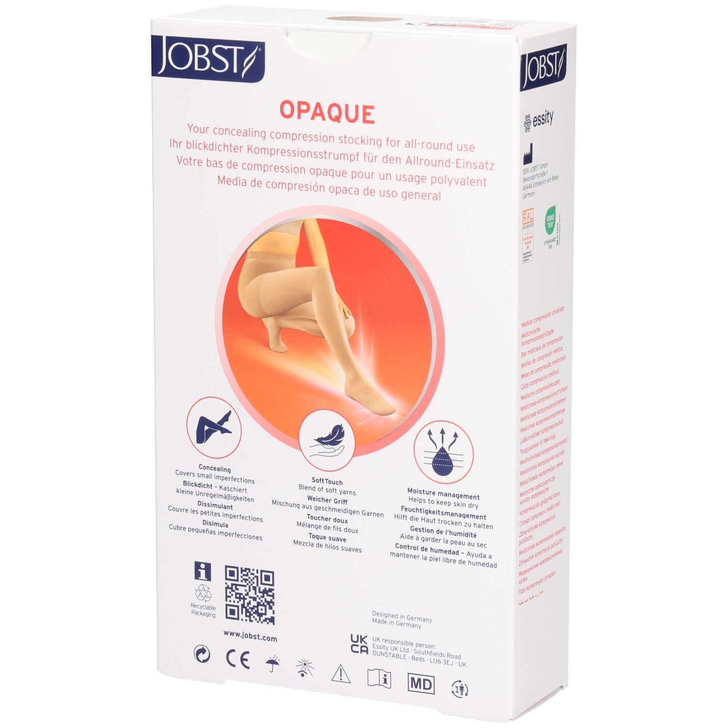 JOBST Opaque compressiekousen. Verpakking met productafbeelding. Opschrift Opaque en logo. Beige kousen.