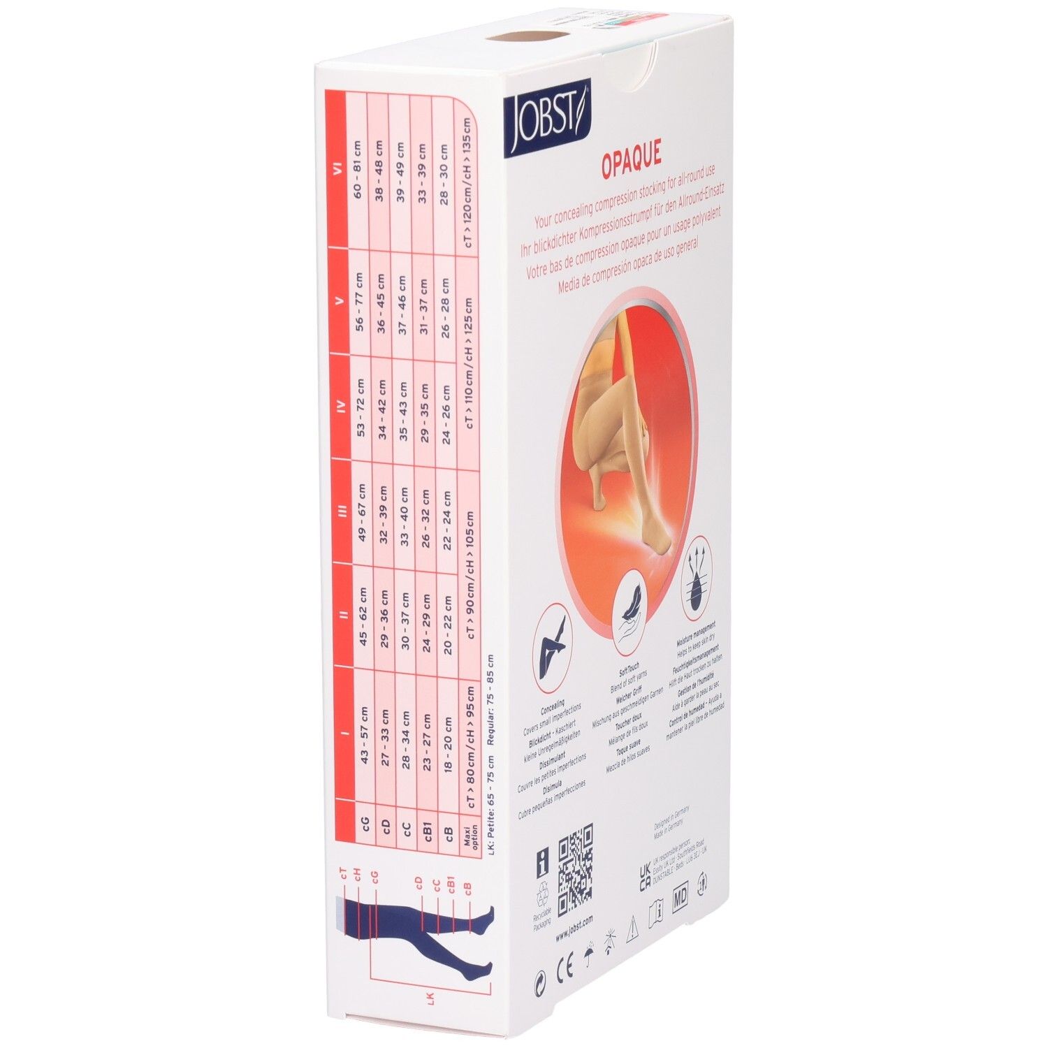 JOBST Opaque compressiekousen. Verpakking met productafbeelding. Opschrift Opaque en logo. Beige kousen.