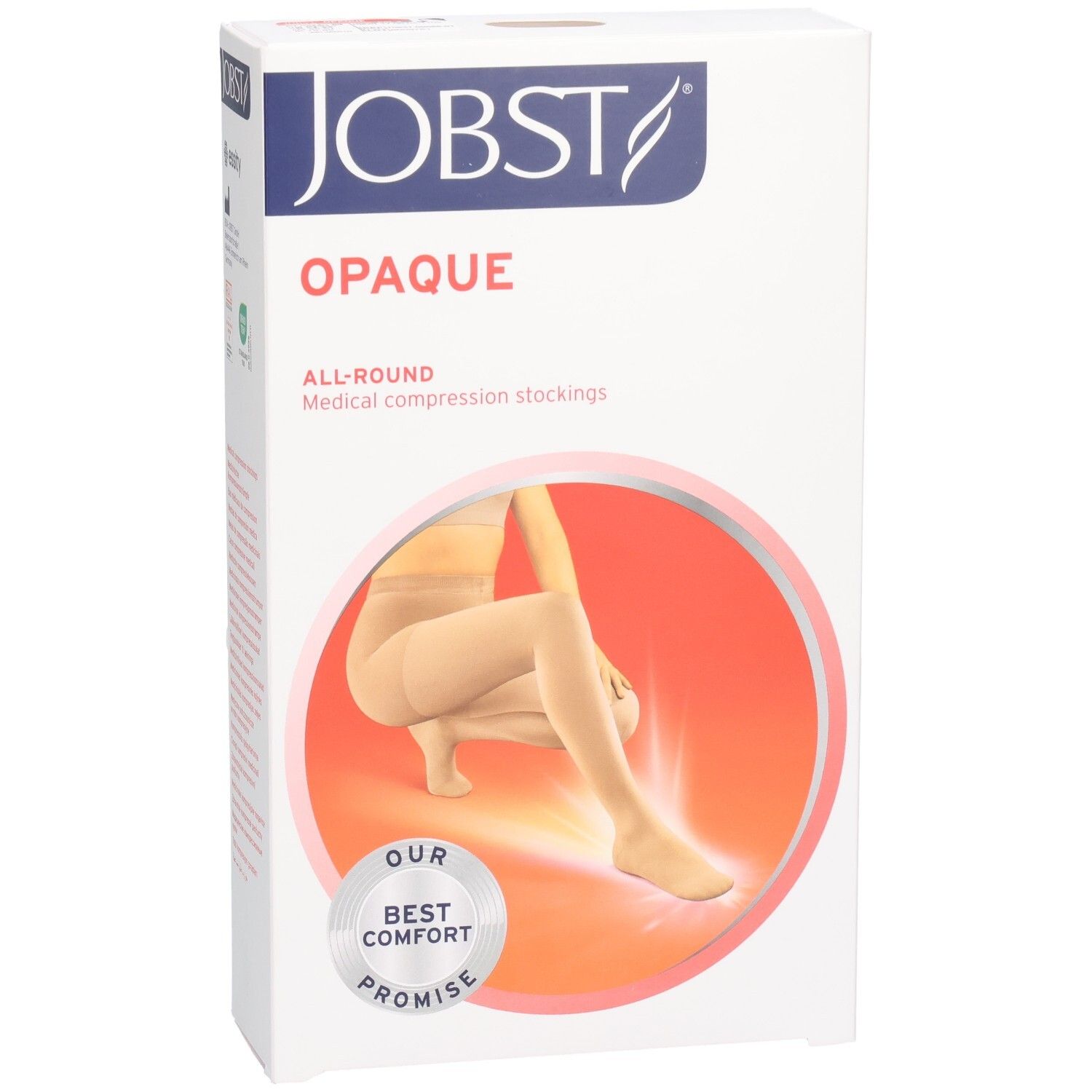 JOBST Opaque compressiekousen. Verpakking met productafbeelding. Opschrift Opaque en logo. Beige kousen.
