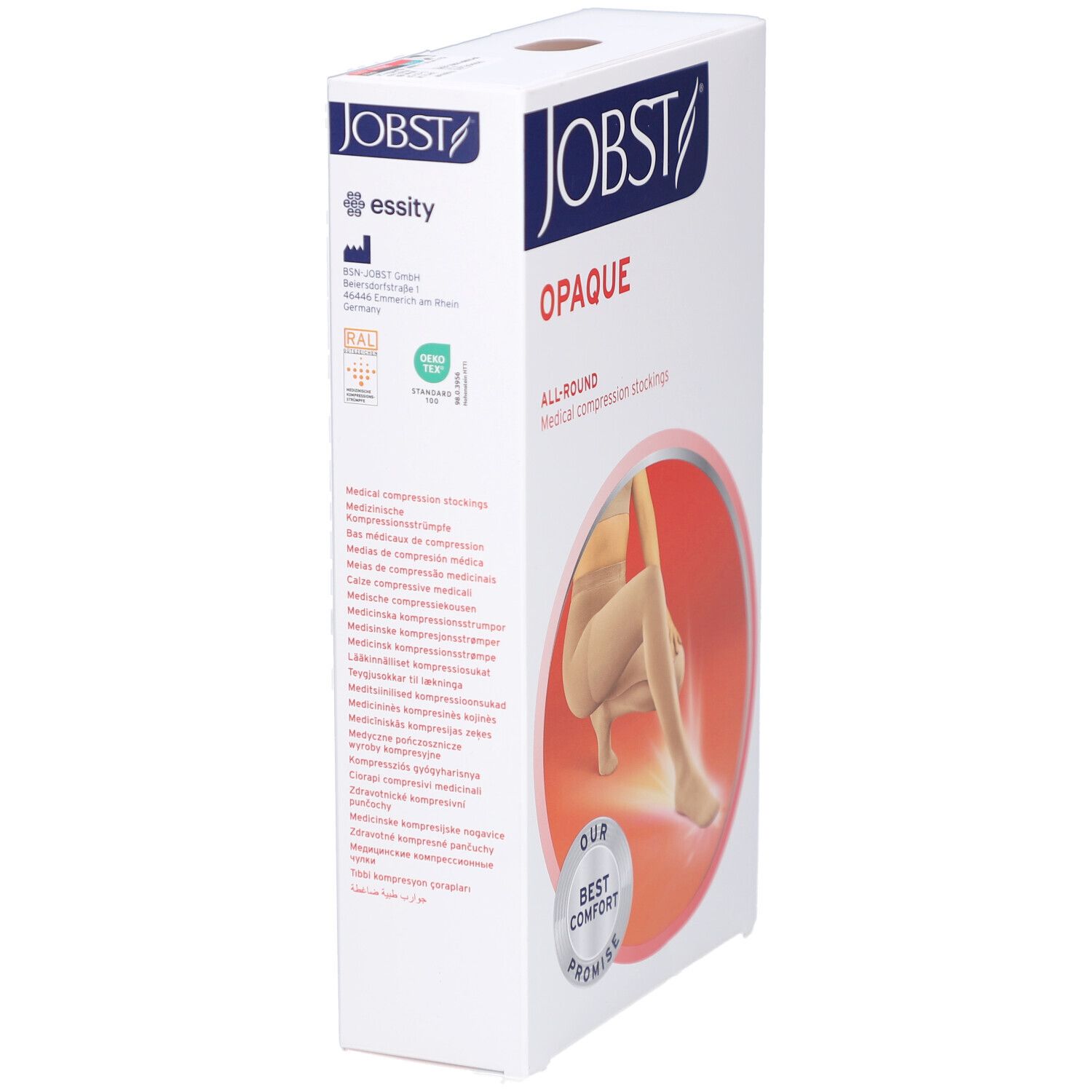 Boîte de bas de compression JOBST Opaque. Carton blanc avec image et logo. Texte: Opaque, All-Round, essity.
