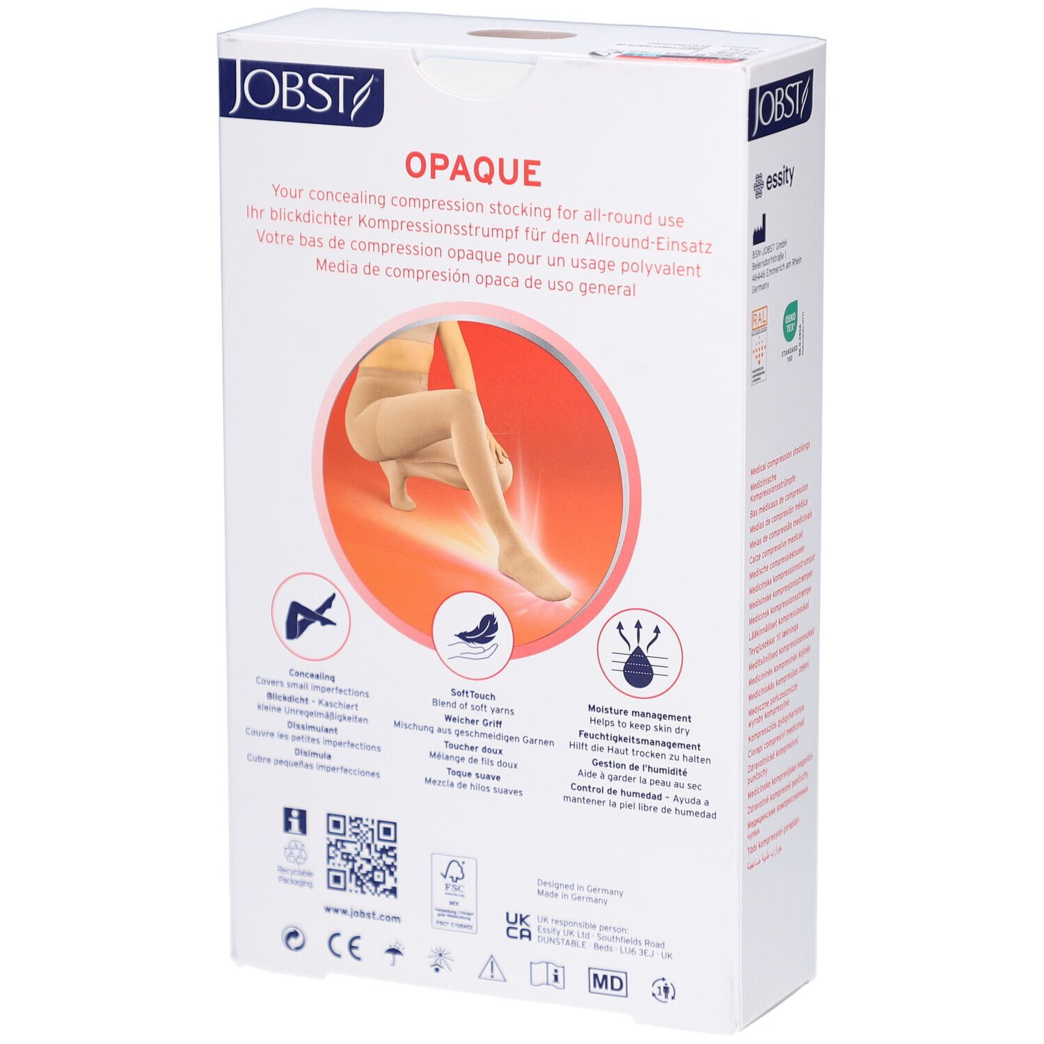 Dos de la boîte de bas de compression JOBST Opaque. Texte: Opaque, All-Round. Images de caractéristiques et logos.