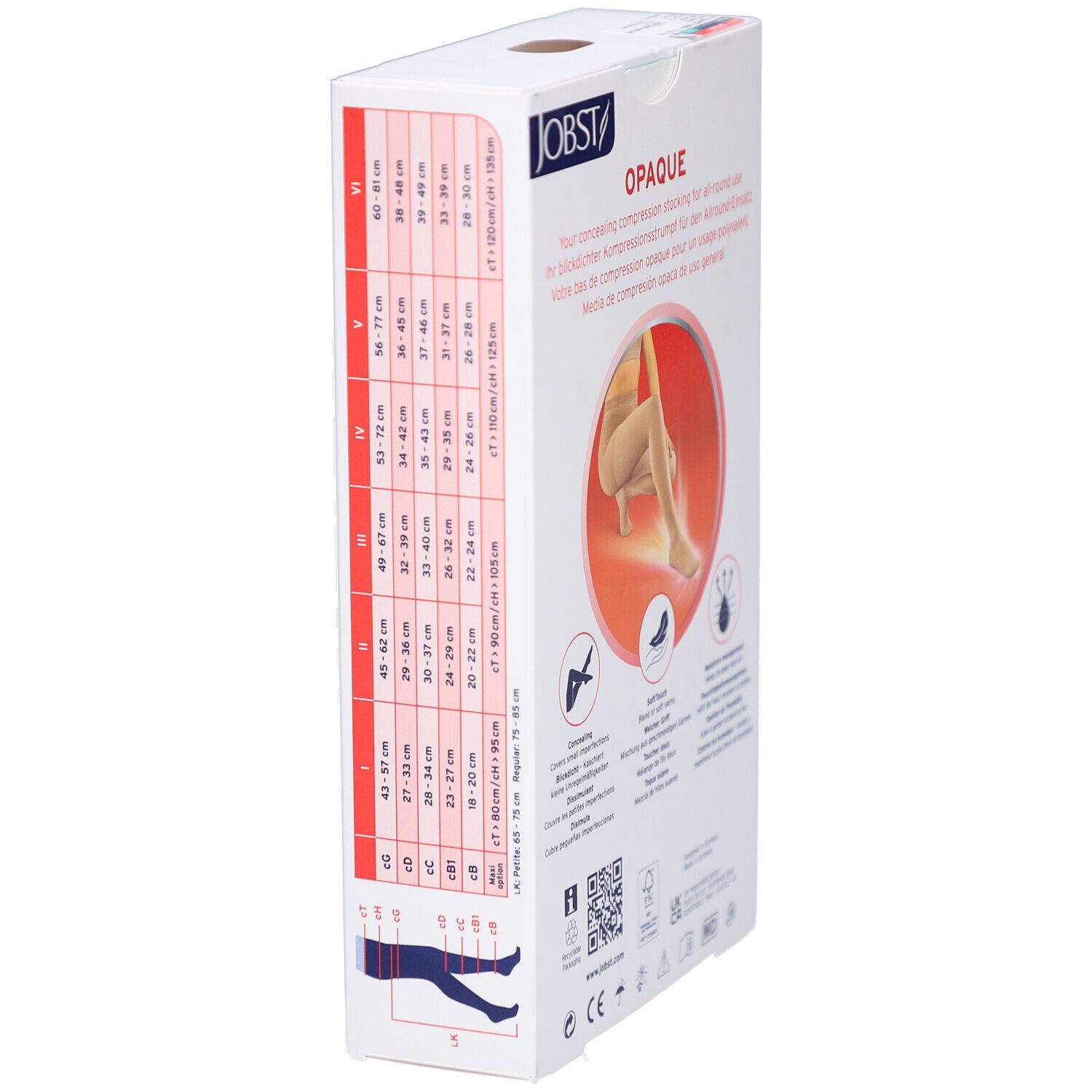 Côté de la boîte de bas de compression JOBST Opaque. Tableau des tailles et informations sur le produit. Texte: Opaque.