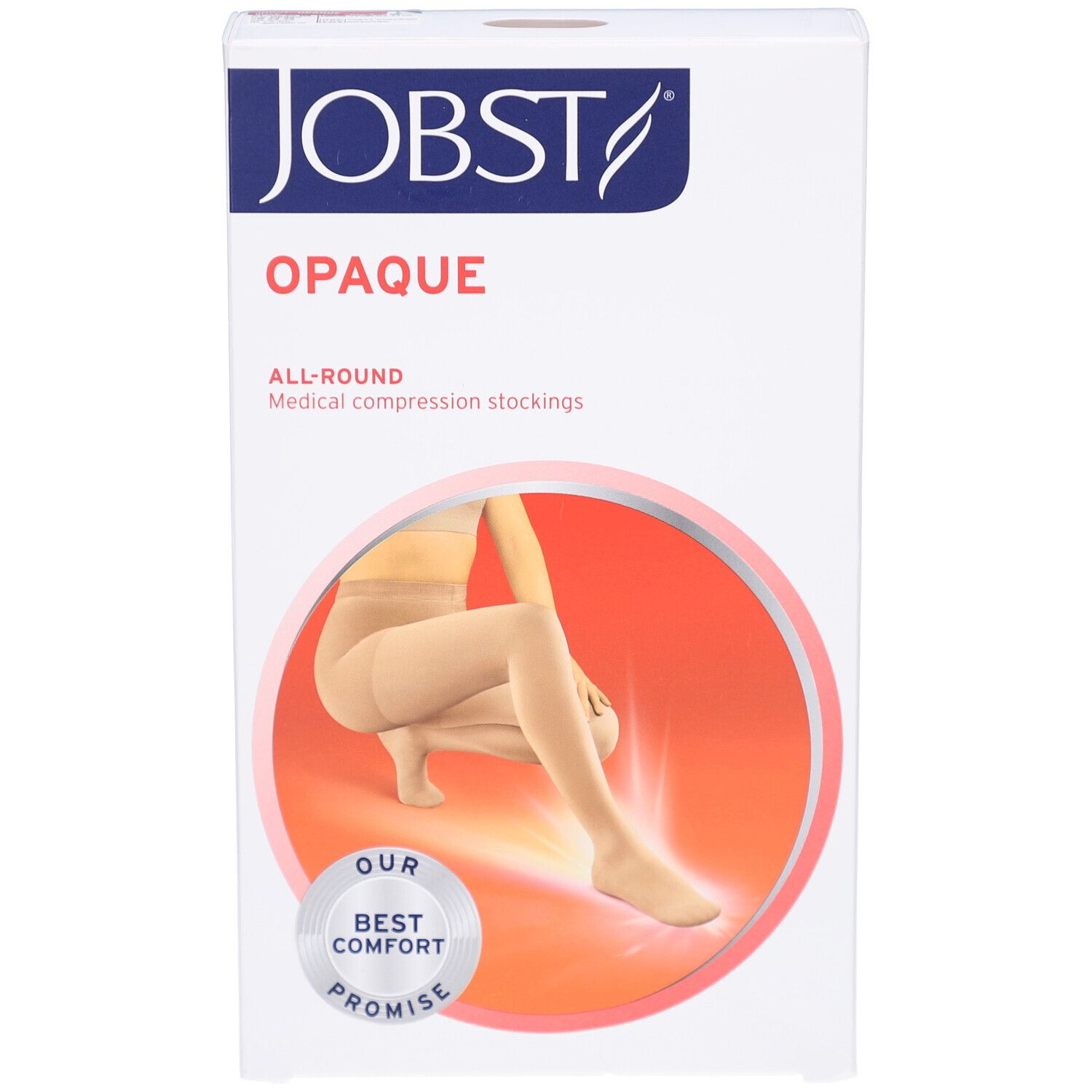 Boîte de bas de compression JOBST Opaque. Carton blanc avec image du produit et logo. Inscription: Opaque, All-Round.