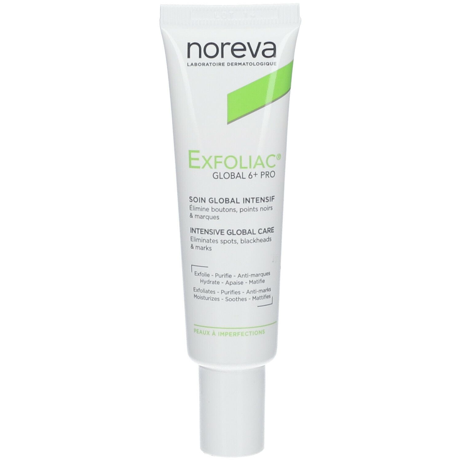 Witte tube met groene streep en tekst. Productnaam: Exfoliac Global 6+ Pro. Merk: Noreva.