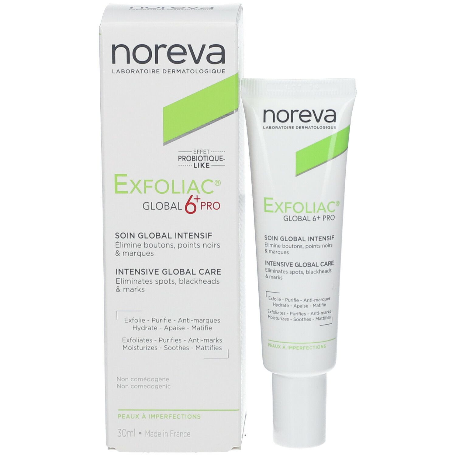 Product en verpakking. Witte tube en doos met groene accenten. Productnaam: Exfoliac Global 6+ Pro.