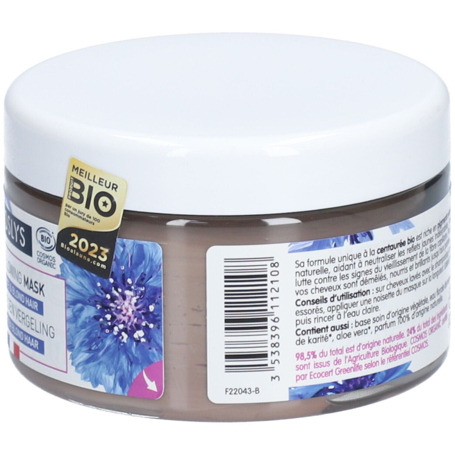 Ronde pot met witte deksel. Opschrift: Coslys Masque Anti-Jaunissement. Bio-label. Franse tekst.