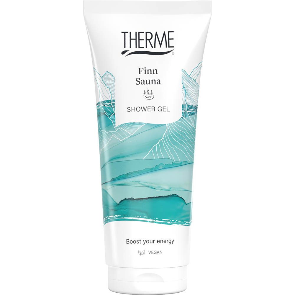 THERME Finn Sauna Douchegel in witte tube met blauwgroen golvend patroon. "NEW LOOK" en "VEGAN" zijn zichtbaar.