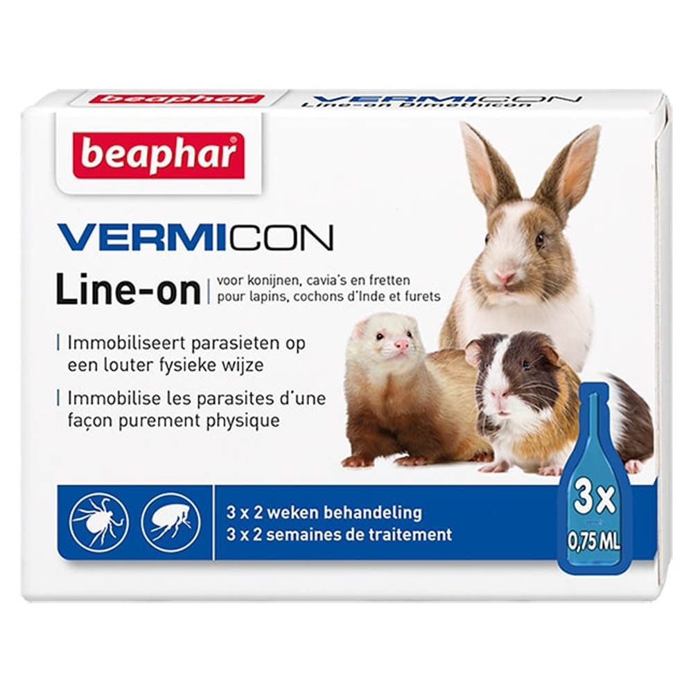Beaphar Vermicon Line-on. Boîte avec illustration de produit et animaux. Contient 3 x 0,75 ml.