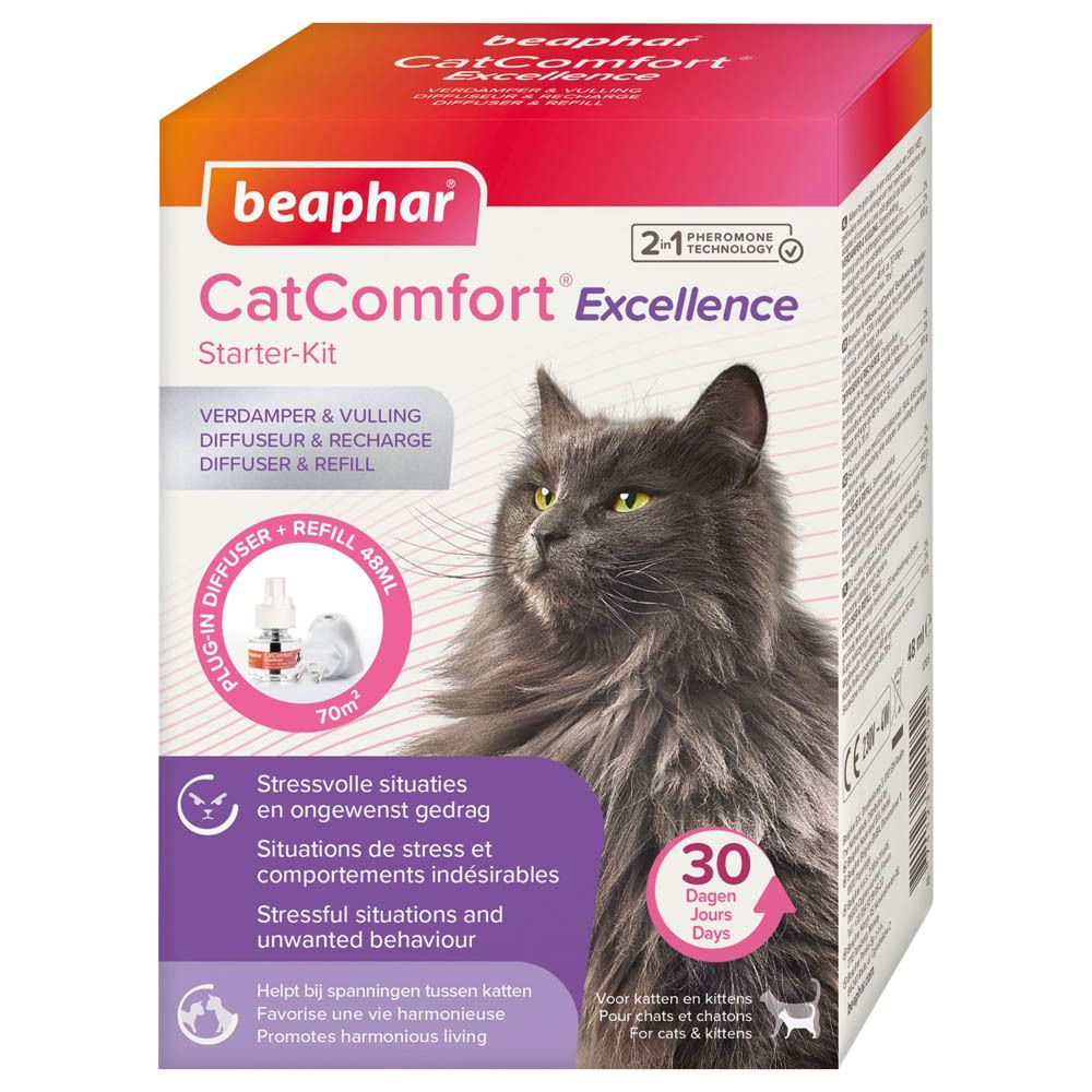 Beaphar CatComfort Excellence Starter-Kit. Doos met productafbeelding en kat. Bevat diffuser en navulling.