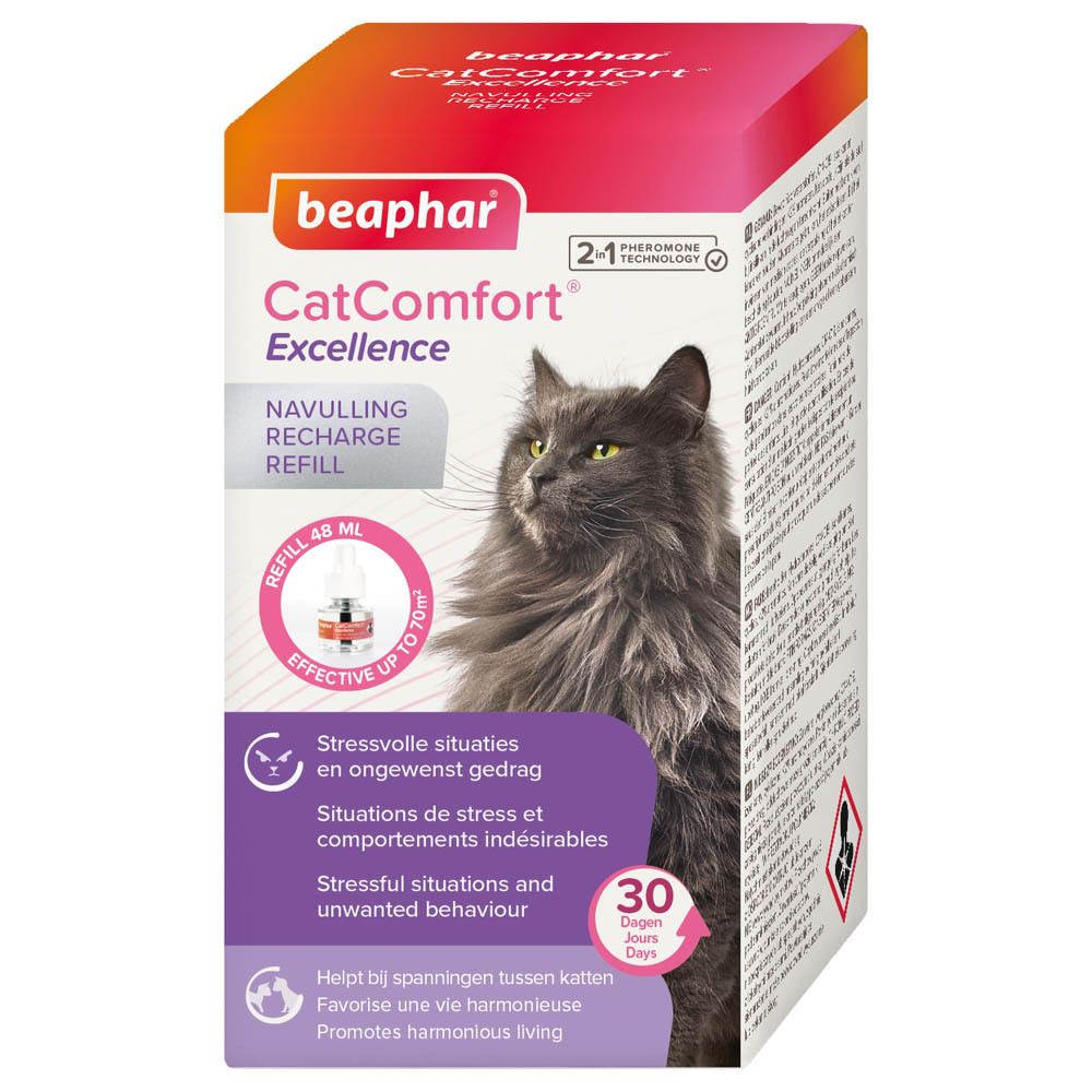 Beaphar CatComfort Excellence navulling. Doos met kat, productnaam, 48 ml, 30 dagen.