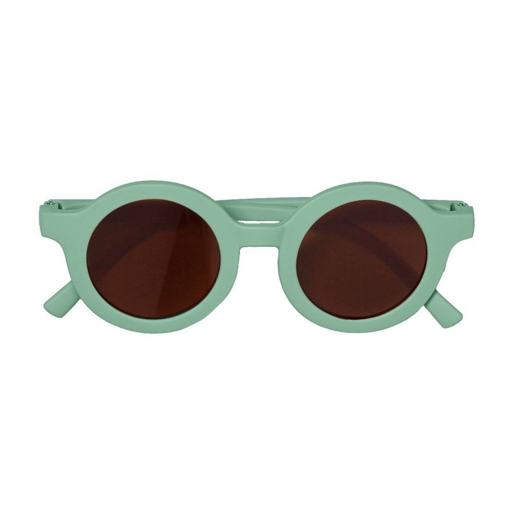 Lunettes de soleil rondes, vert menthe pour enfants. Verres bruns, monture large. Vue de face.