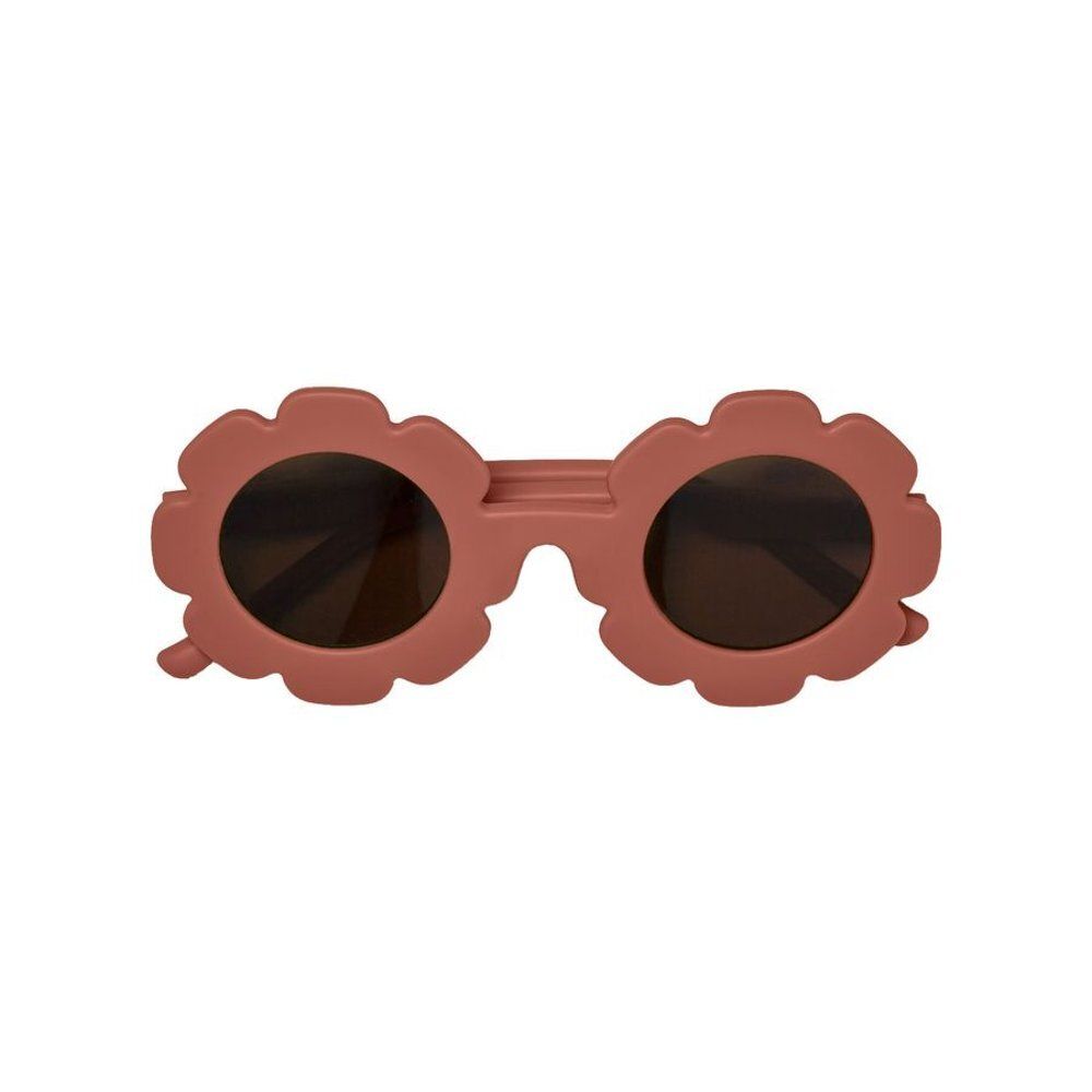 Roze kinderzonnebril, bloemvormig montuur, bruine glazen.